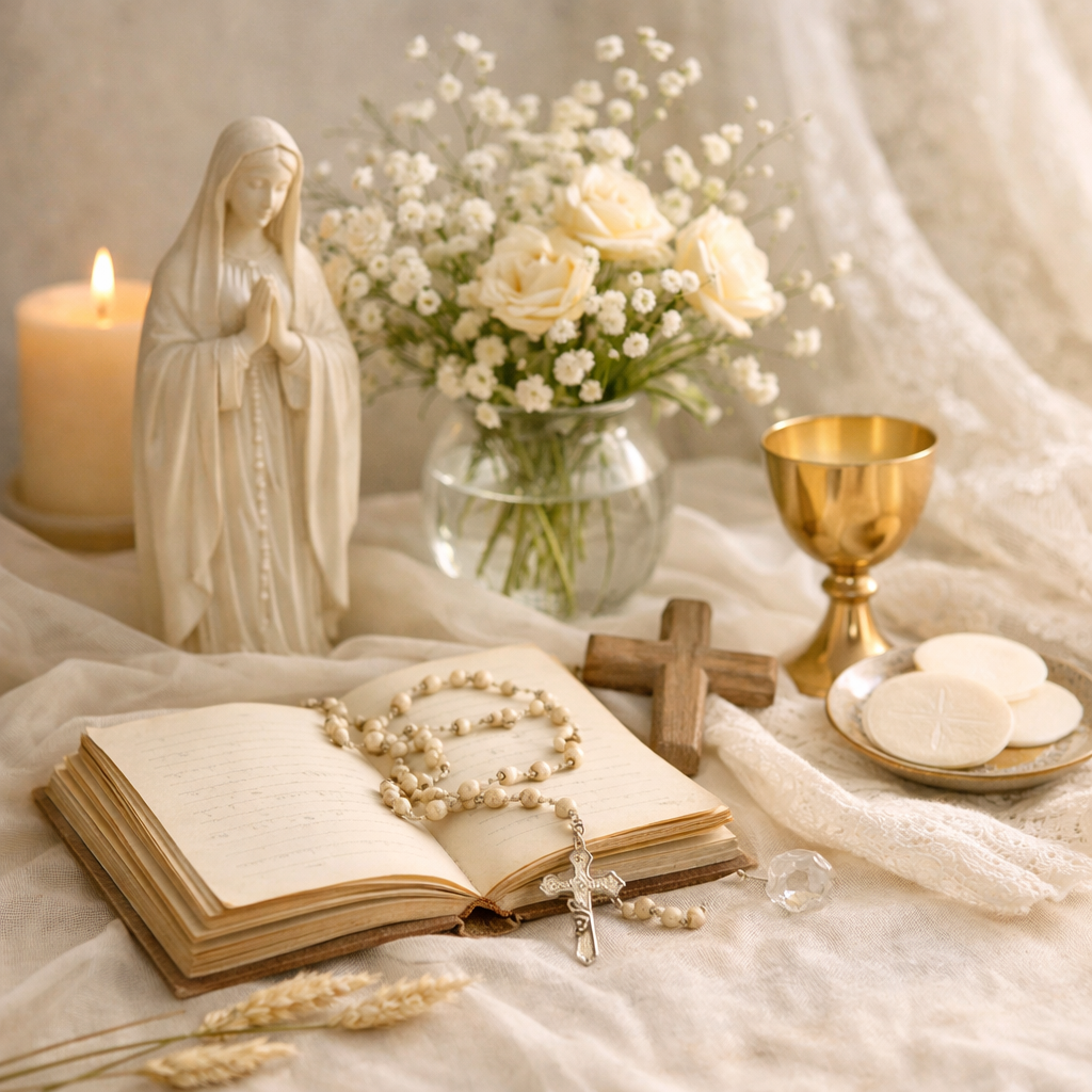 A religious altar featuring a statue of the Virgin Mary, a lit candle, a vase of white roses and baby's breath, an open prayer book with a rosary draped over it, a small wooden cross, a gold chalice, and a plate of communion wafers, set on white fabric with lace details.