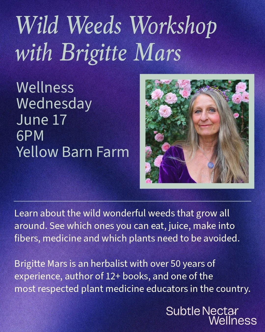 We're welcoming a true legend to Yellow Barn Farm.
Wednesday June 17 &middot; 6PM &middot; $20 Donation

Brigitte Mars @brigitte.mars &mdash; herbalist, author, and plant medicine teacher with over 50 years of experience &mdash; is joining us for a s