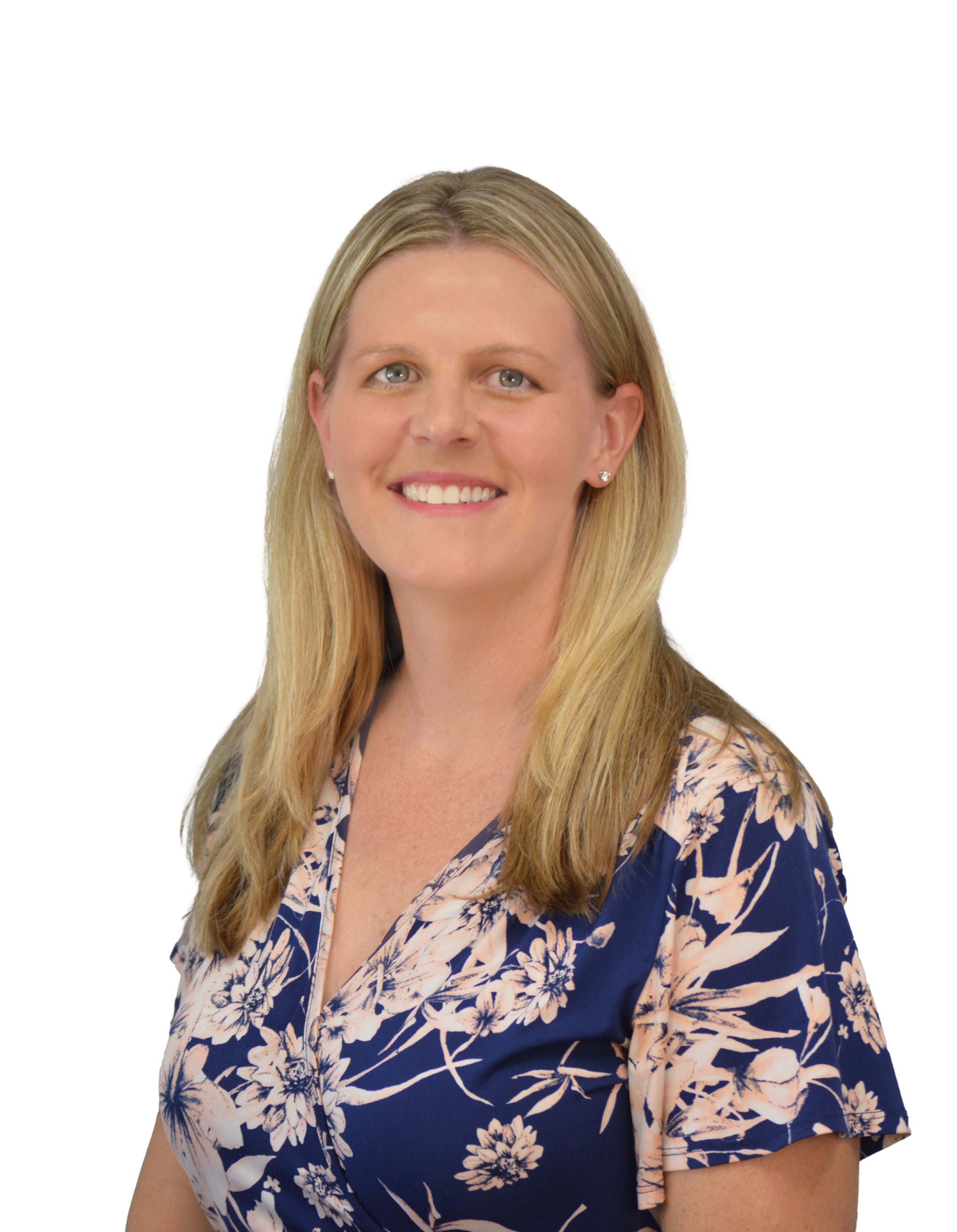 Portrait of a woman with shoulder-length blonde hair, smiling, wearing a navy floral blouse.