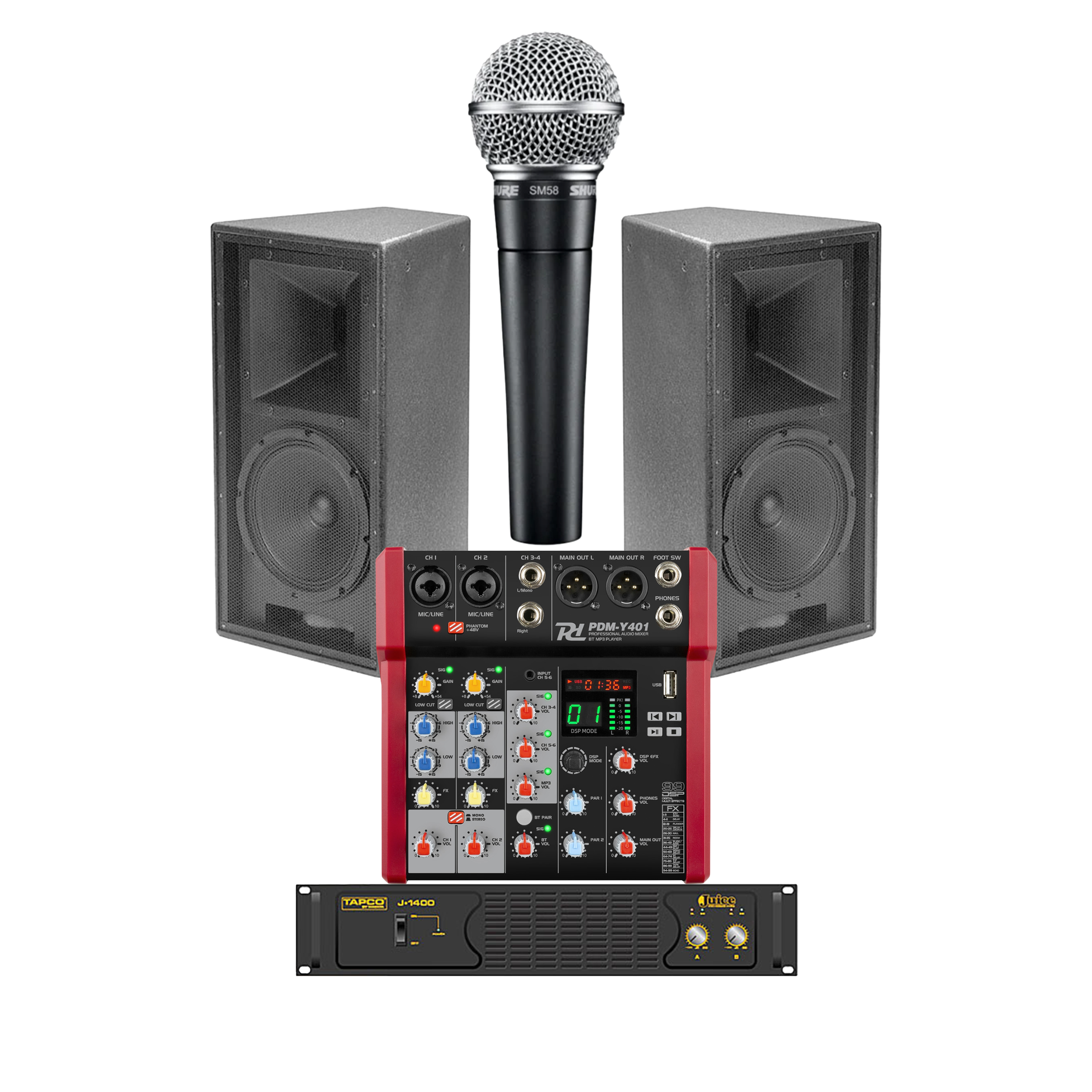 Audio equipment setup with a microphone, two speakers, an audio mixer, and an amplifier.