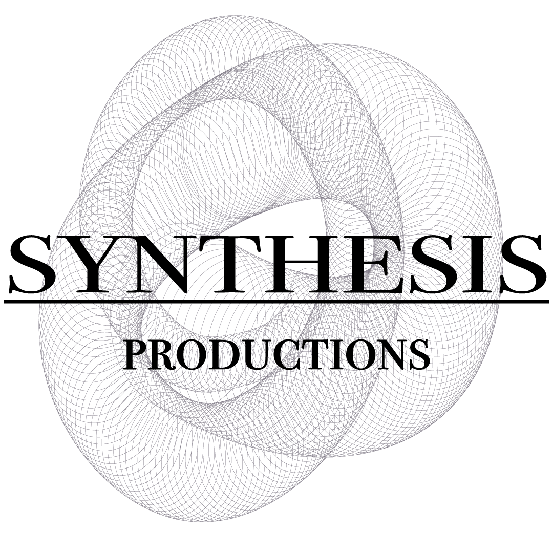 A black 3D digital geometric shape with the word "SYNTHESES" overlayed, followed by "PRODUCTIONS" underneath.