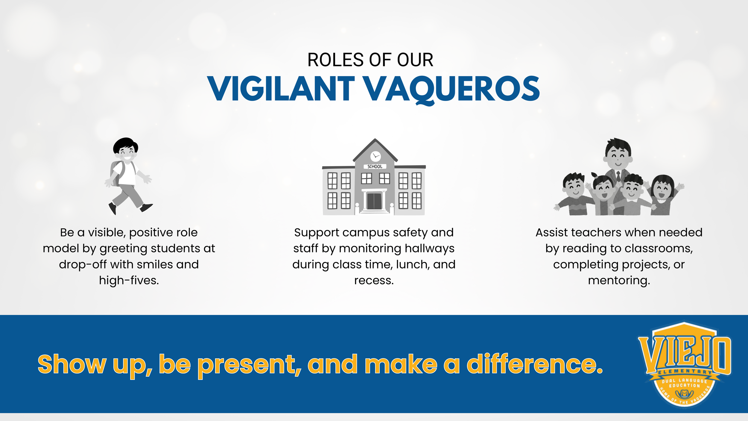 An informational poster titled 'Roles of our Vigilant Vaquero.' It features three sections with icons: a smiling boy greeting students, a school building representing campus safety, and a teacher with students depicting mentorship. The text explains student roles like greeting students smilingly, monitoring hallways, and mentoring teachers. The bottom section emphasizes showing up and making a difference, with the VOEJ Elementary logo displayed.