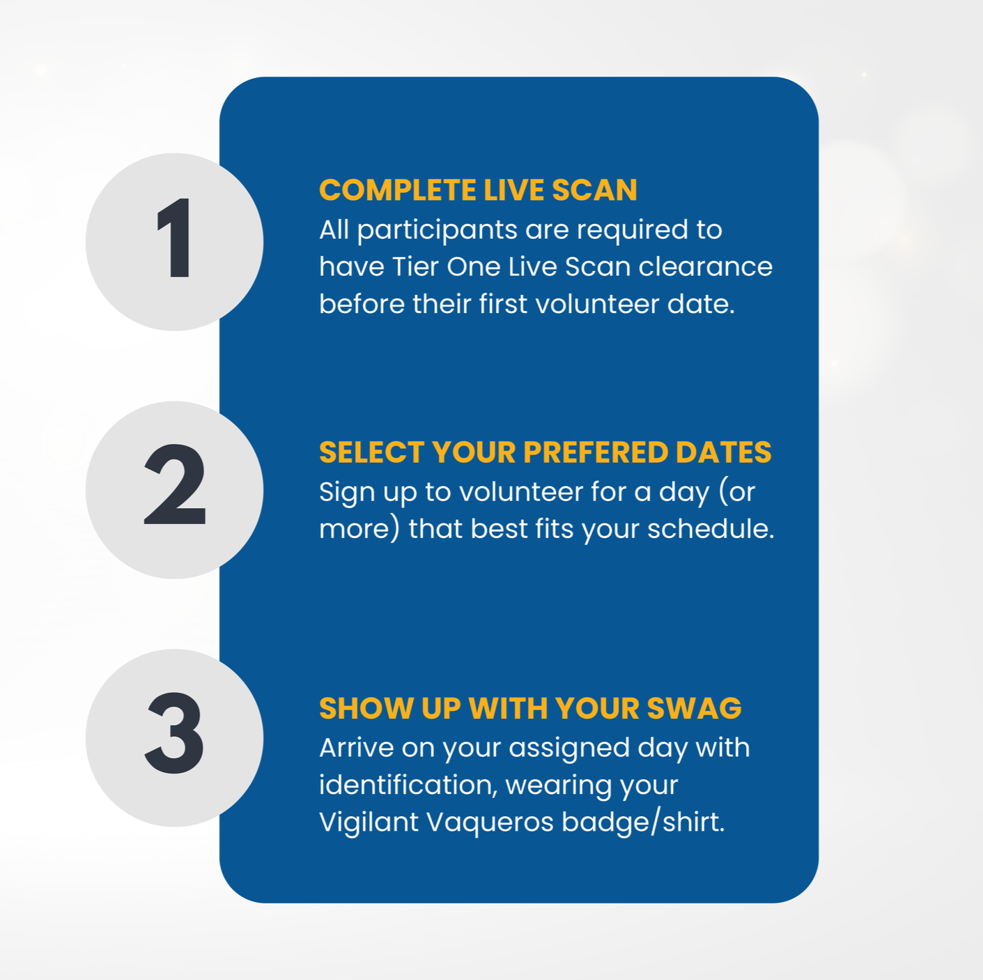Step-by-step instructions for volunteering, including completing a live scan, selecting preferred dates, and showing up with a badge or shirt on the scheduled day.