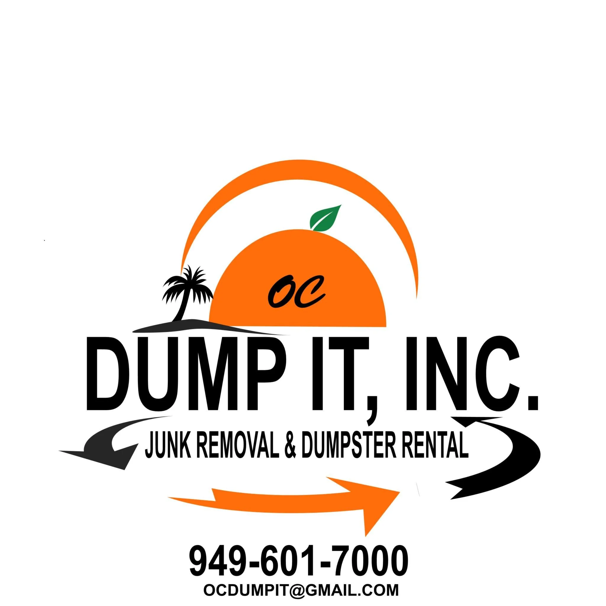 Logo for Dump It Inc., a junk removal and dumpster rental service with a stylized sunset, palm tree, and leaf, including contact information and email address.