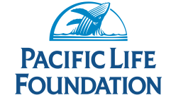 Pacific Life Foundation logo with a stylized shark fin jumping out of water