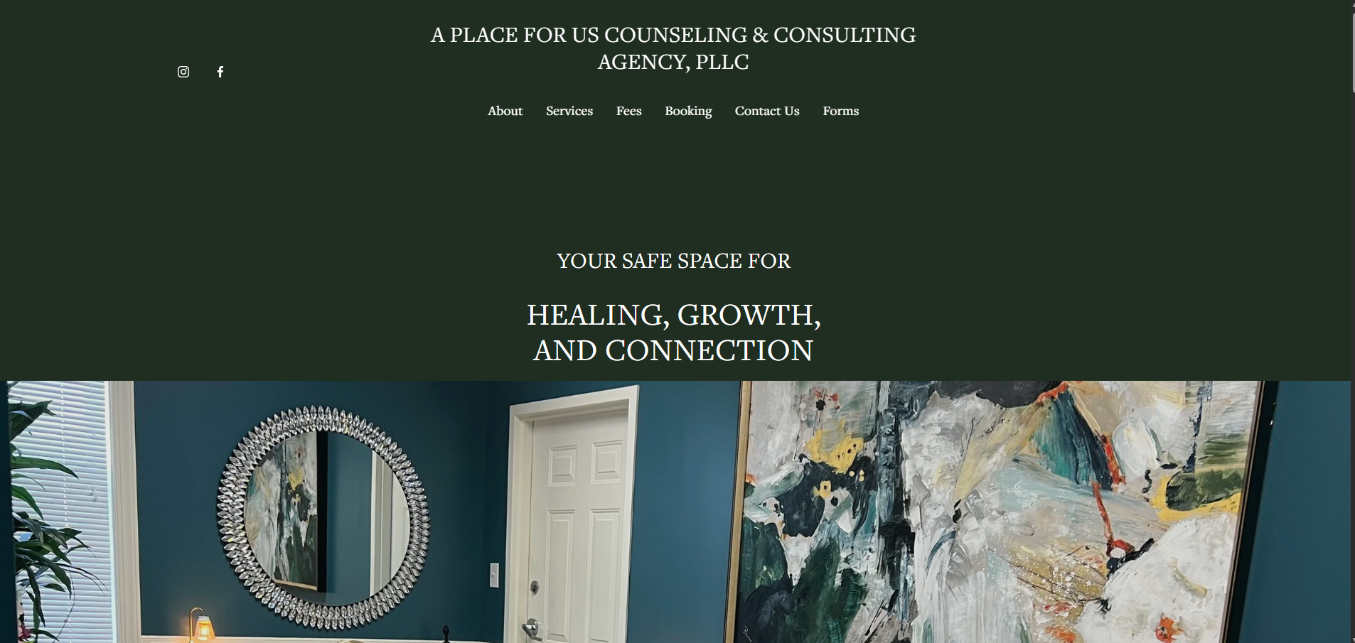 Screenshot of a counseling and consulting agency's website header with navigation menu, and part of a room with blue walls, a decorative circular mirror, a door, and colorful abstract artwork.