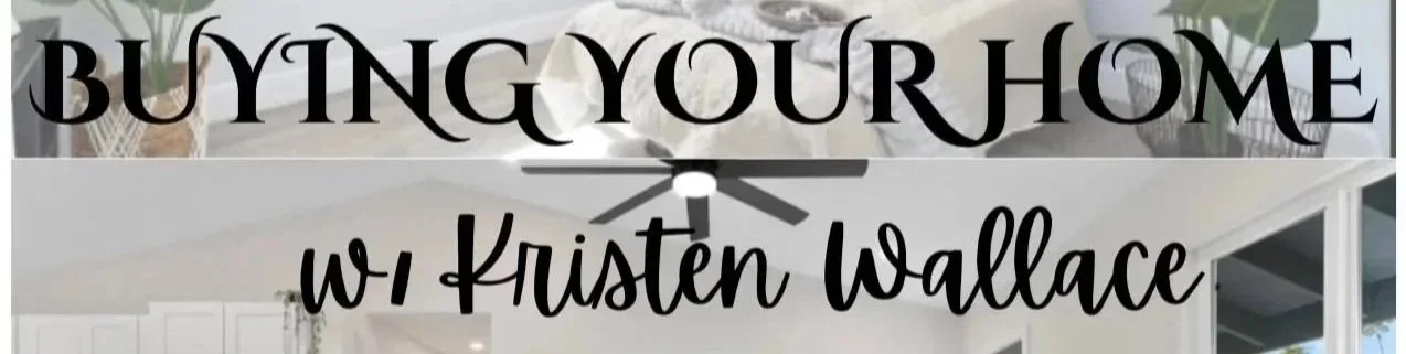 Text overlay on an interior home decor background that reads 'BUYING YOUR HOME with Kristen Wallace'.