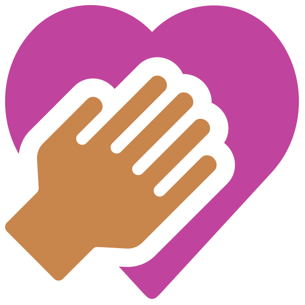 Illustration of a brown hand with black outline, placed over a purple heart background.