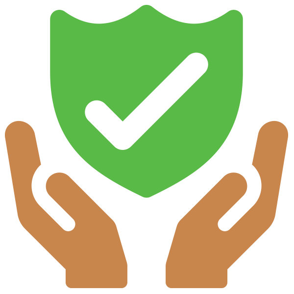Two brown hands holding a green shield with a black checkmark in the center.
