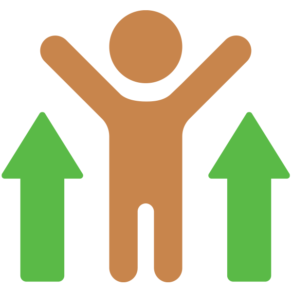 A person with arms raised between two green upward arrows.