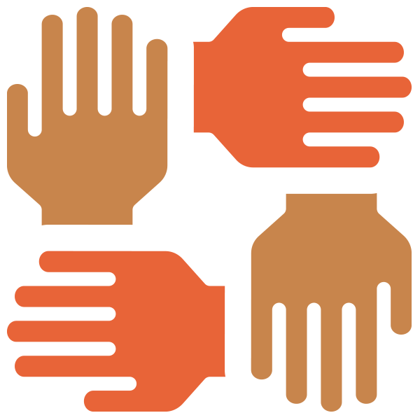 Illustration of three hands in different skin tones reaching towards each other, symbolizing diversity and unity.