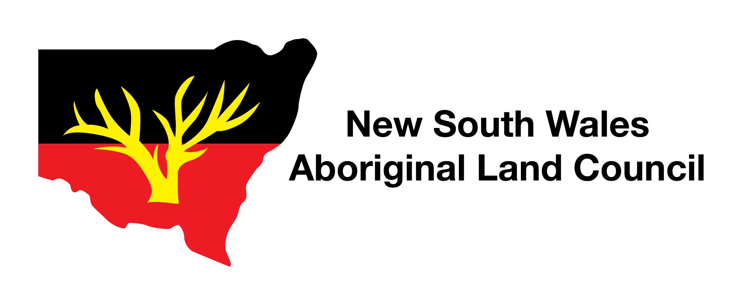 Logo of the New South Wales Aboriginal Land Council featuring a yellow tree within a black, red, and white map outline, with the organization's name written to the right.
