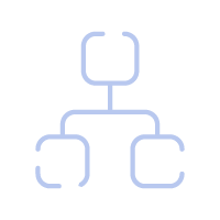 Ein schematisches Diagramm eines Organigramms oder Flussdiagramms mit einer zentralen Verbindung zu drei untergeordneten Elementen.