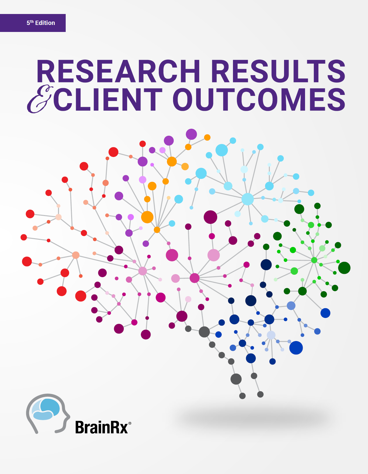 Cover of a book titled "Research Results & Client Outcomes," 5th edition, featuring a colorful network diagram resembling a brain, with the BrainRx logo at the bottom left.