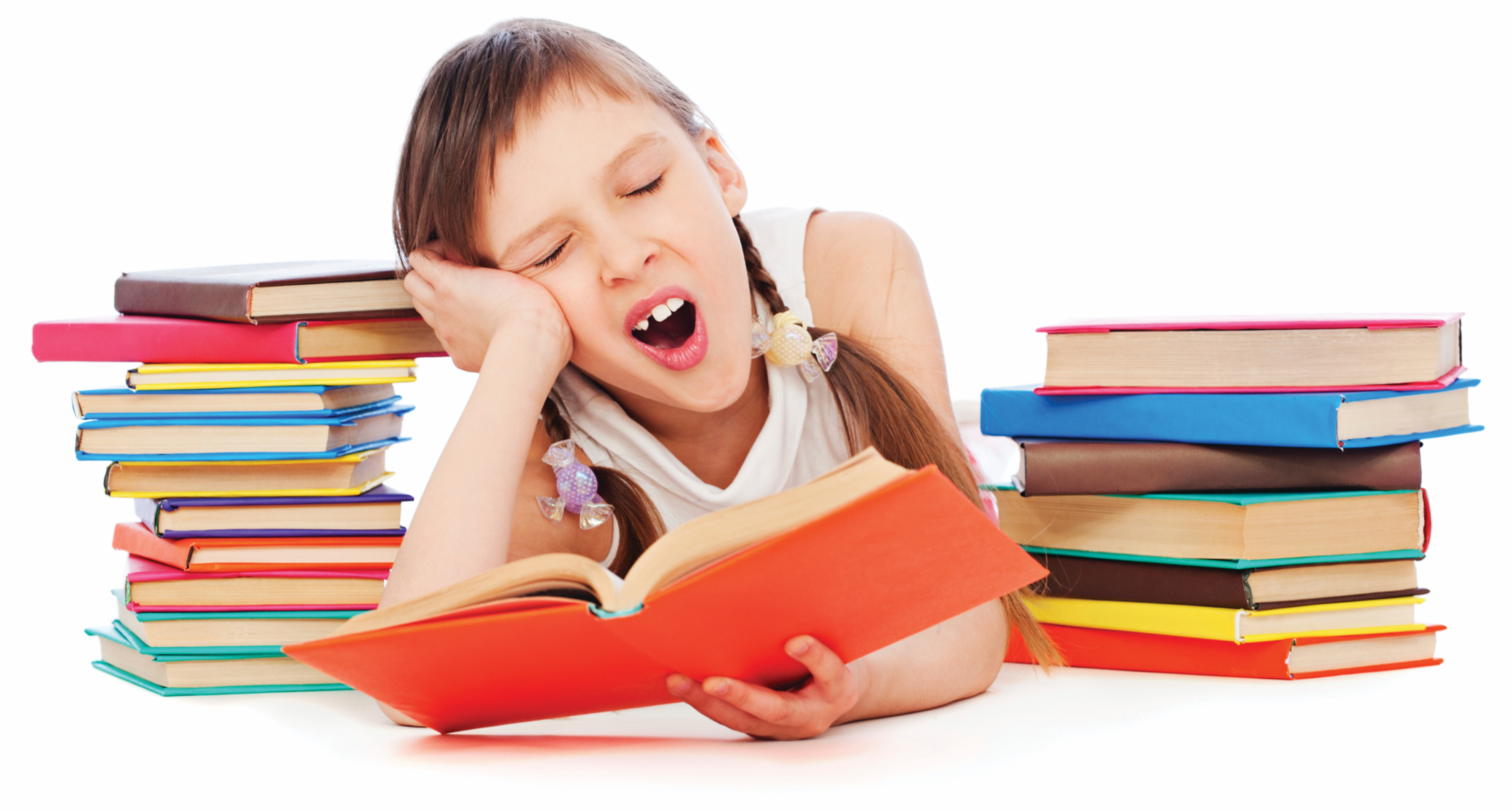 Young girl with brown hair in pigtails, wearing a white sleeveless shirt, yawning while reading a large orange book, surrounded by stacks of colorful books on a white background.