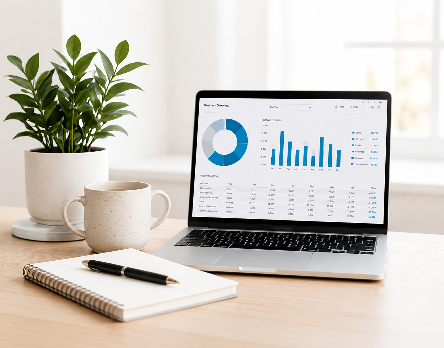 Laptop displaying financial reports and bookkeeping data for a small business.