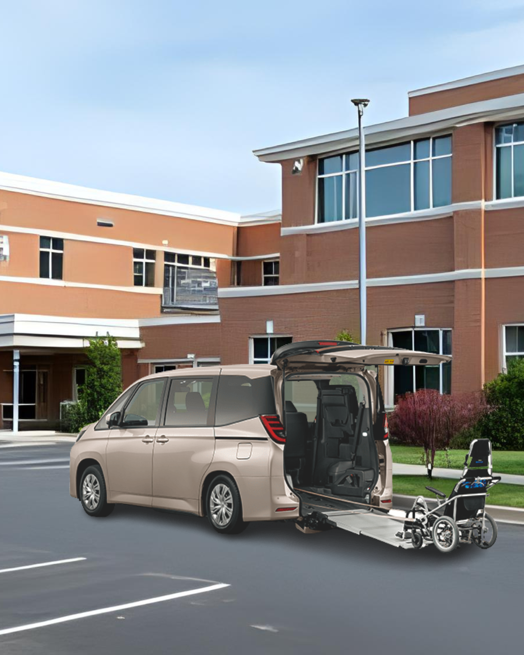 A beige minivan with an open rear door and a wheelchair accessible ramp extended, parked in a lot in front of a modern brick apartment building. A wheelchair is positioned at the end of the ramp.