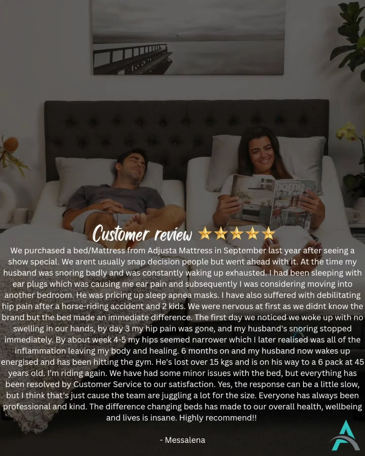 Thank you so much for wonderful feedback, Messalena 💕

We&rsquo;re also incredibly grateful to you and your husband for choosing to invest in your health with us. At Adjusta, we firmly believe that better health begins with a better night&rsquo;s sl