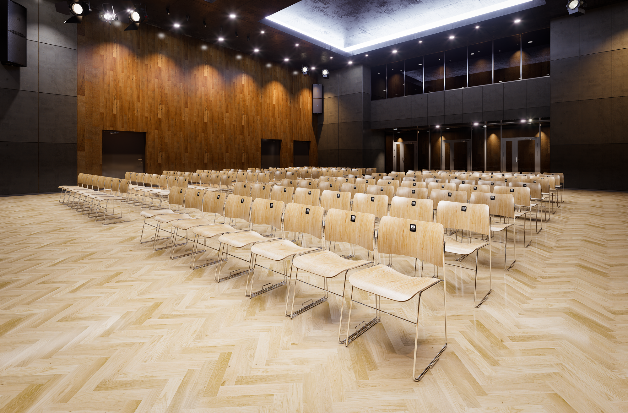 A modern conference room with a large rectangular table and eight beige ergonomic chairs. Large windows offer a cityscape view with trees and buildings, and three pendant lights hang from the ceiling.