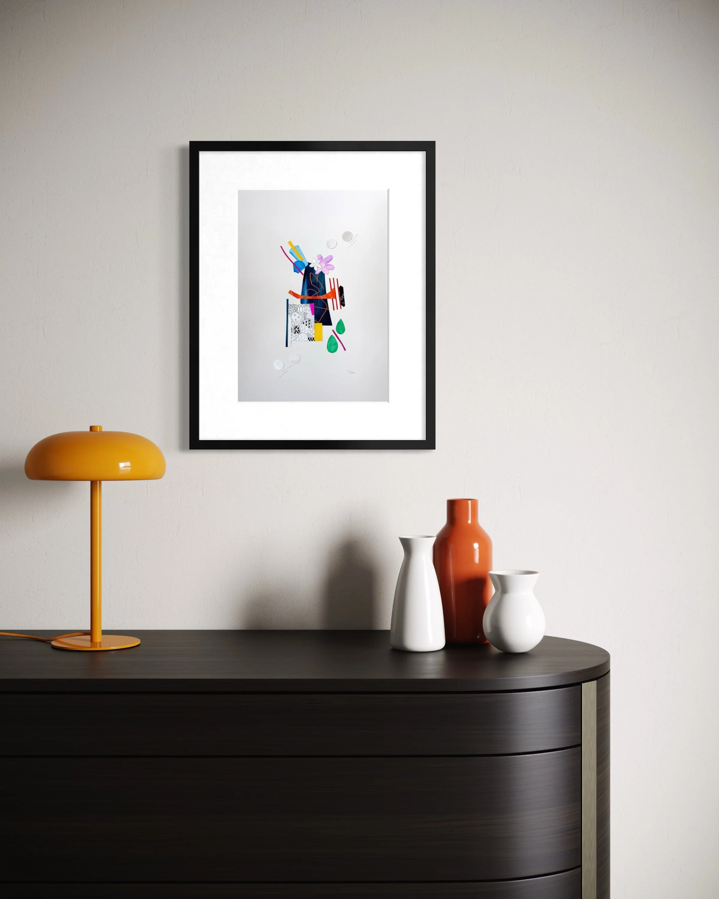 Bright Interruption, original mixed media collage on A3 paper featuring layered fragments, expressive marks, and bold abstract colour, and displayed framed in a modern interior.