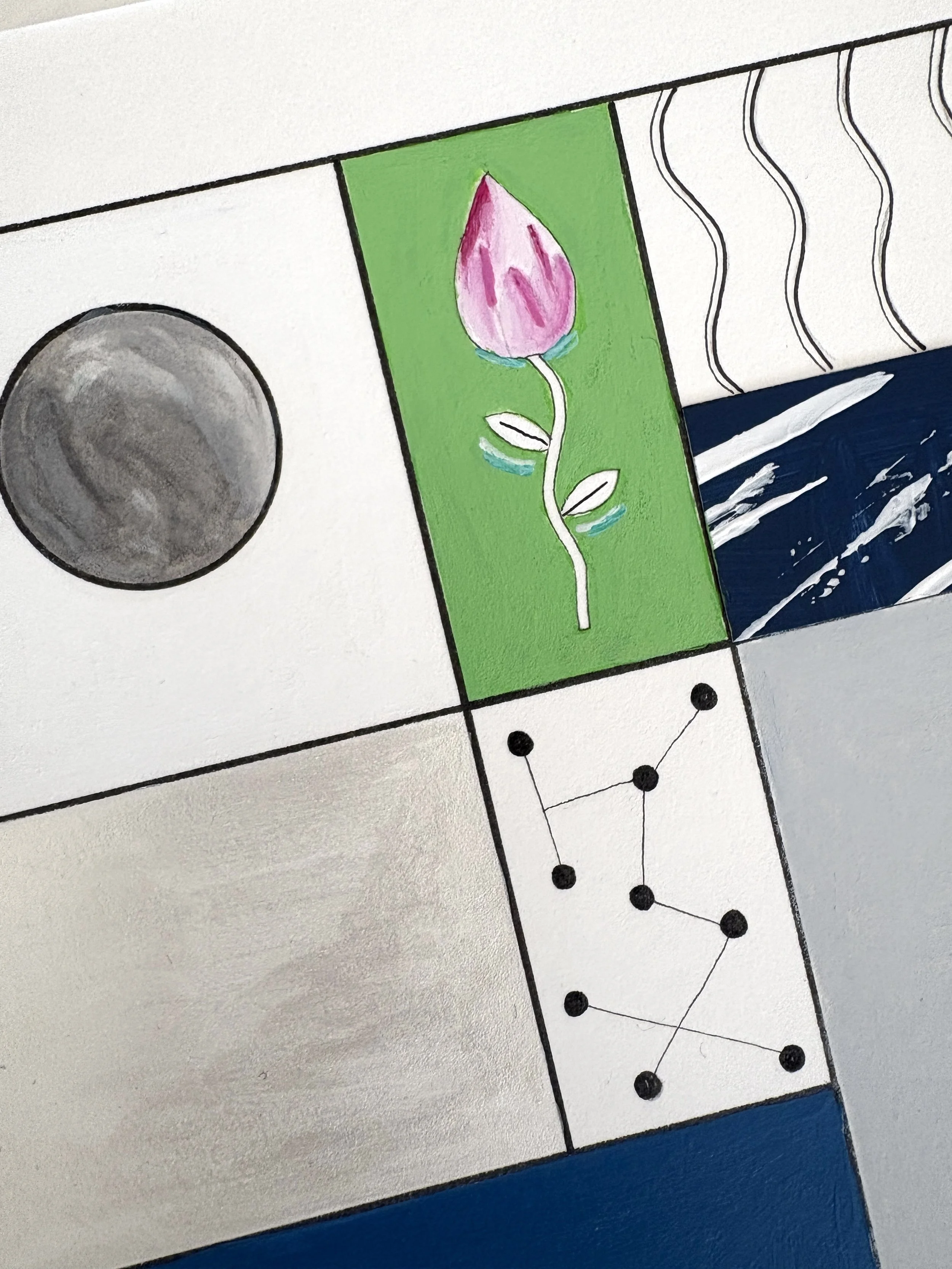 Close-up detail of Conditions Within, original mixed media abstract artwork on A2 paper, featuring black ink borders, colourful sections, pen drawings and symbolic motifs within the composition.