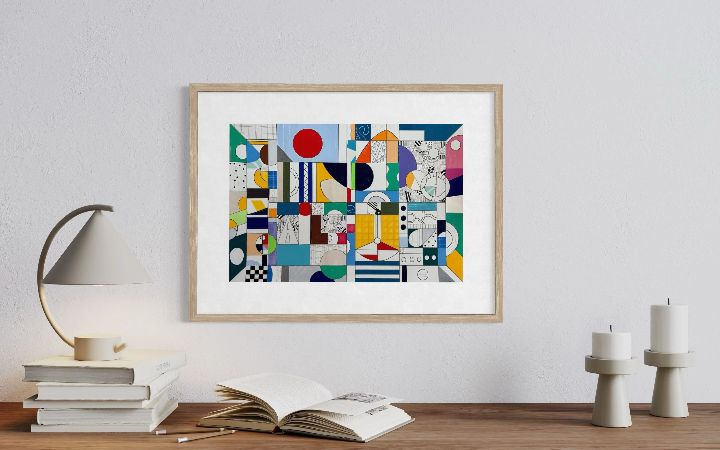 Inner Infrastructure, original mixed media on A2 paper with geometric and abstract forms, colour blocks, patterns and hand-drawn marks, styled in a modern interior.