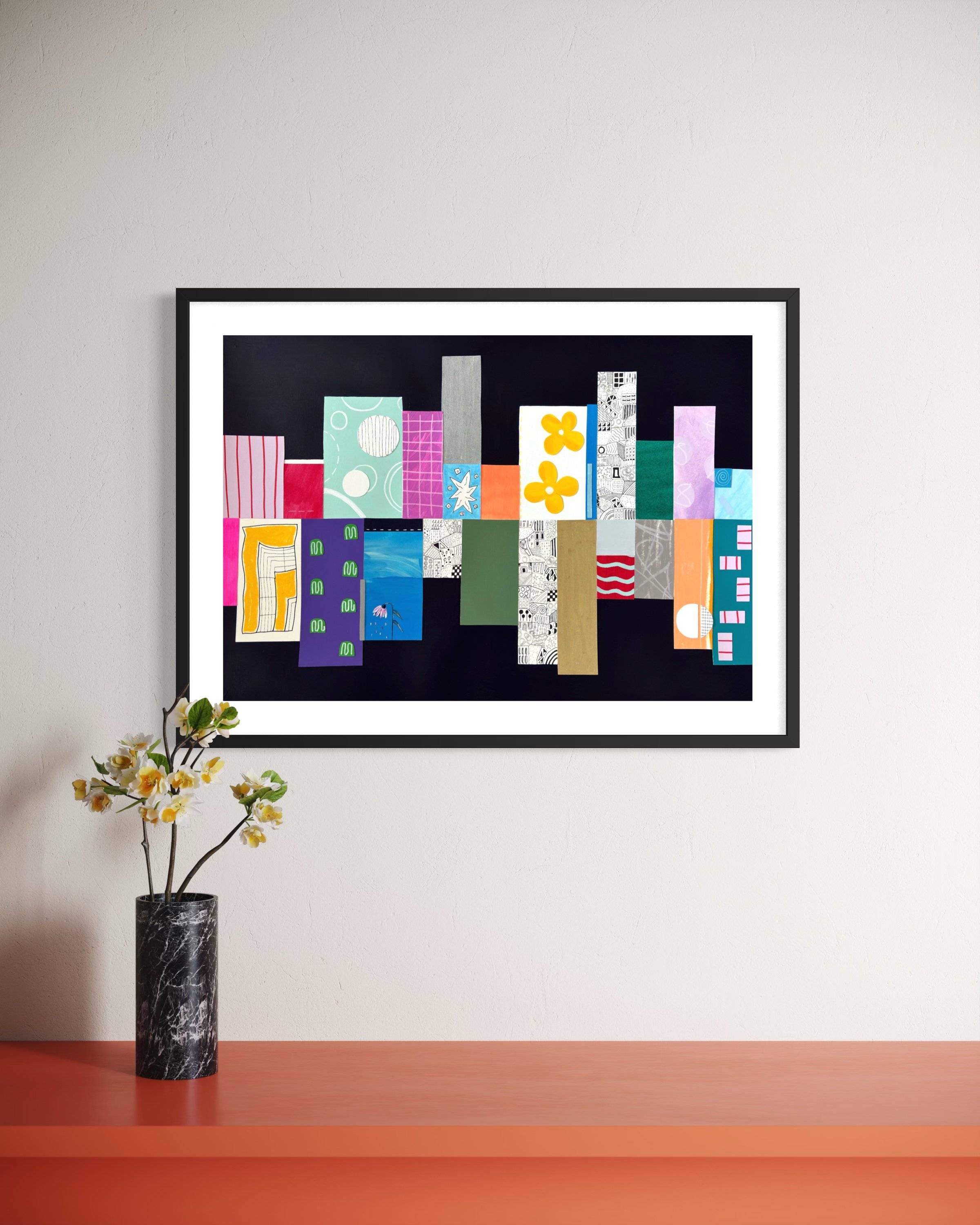 Highs And Lows, original mixed-media abstract artwork featuring colourful sections, expressive marks, geometric forms and contrasting elements, displayed framed in a modern interior.