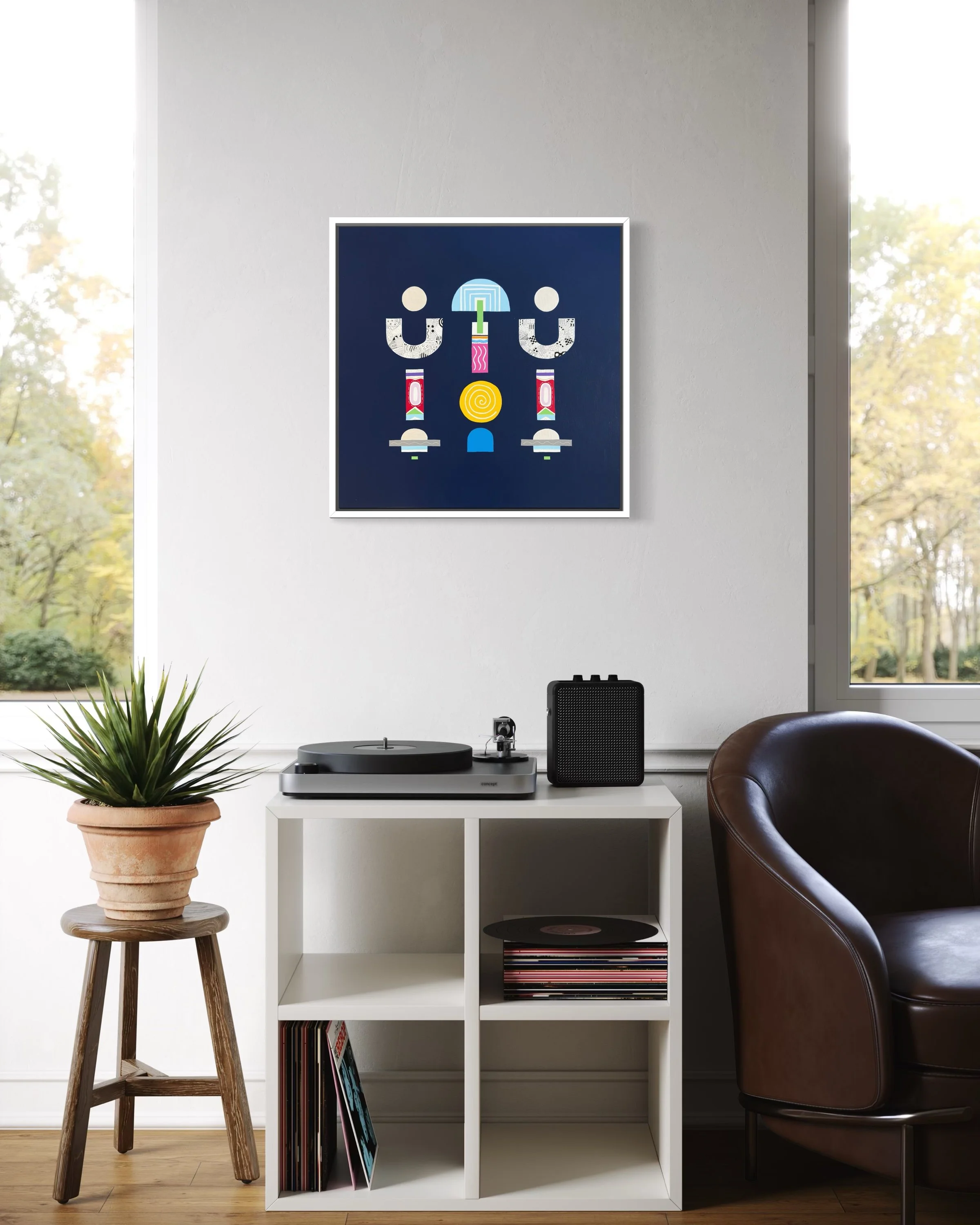 Upward Turn, original abstract artwork on canvas, geometric forms on a blue background, displayed above a white storage table with home decor.