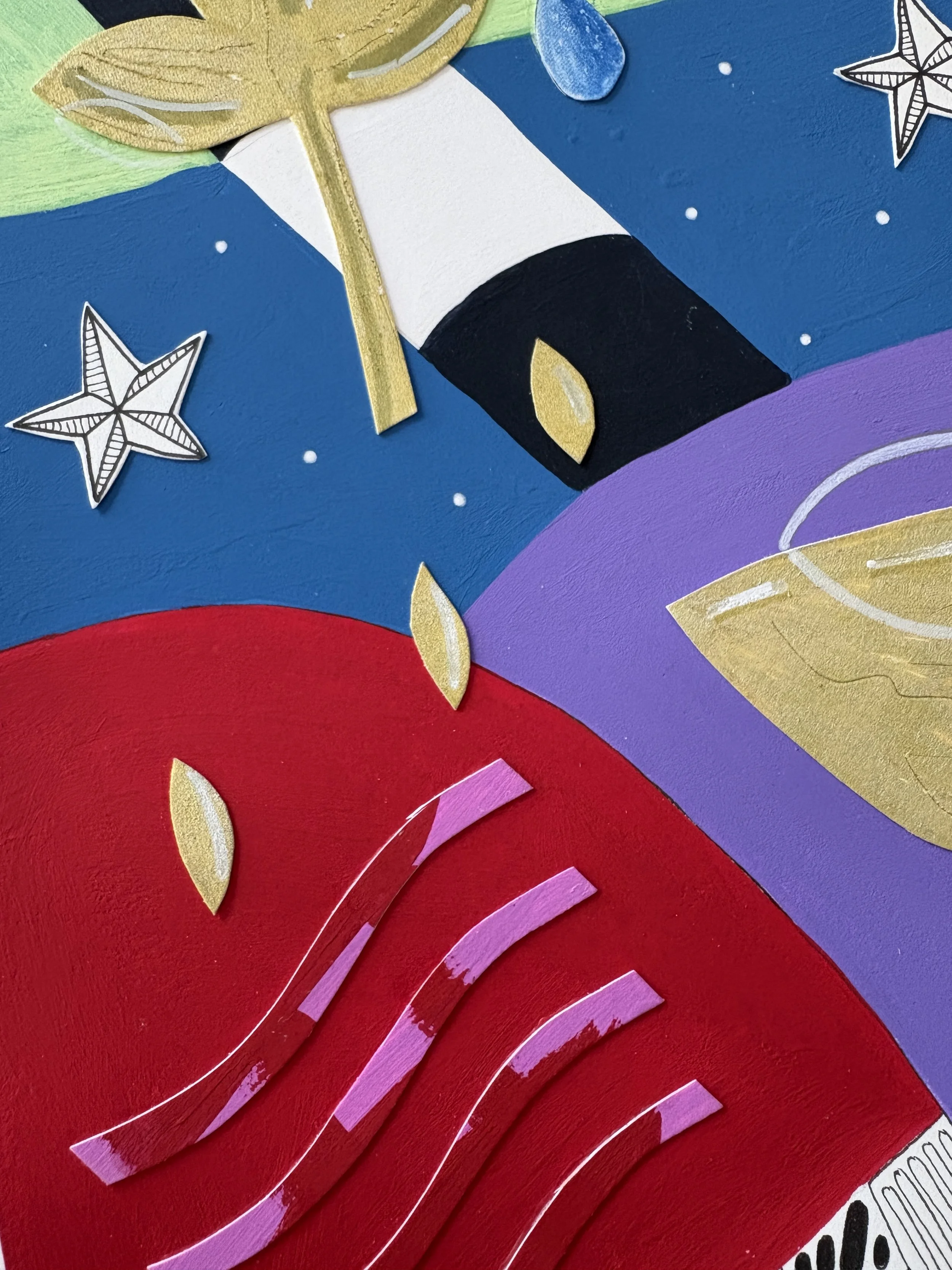 Close-up detail of Tears To Gold, original mixed media abstract artwork on A3 paper, featuring gold plant motifs, teardrops, pen drawings, colourful sections and collage.