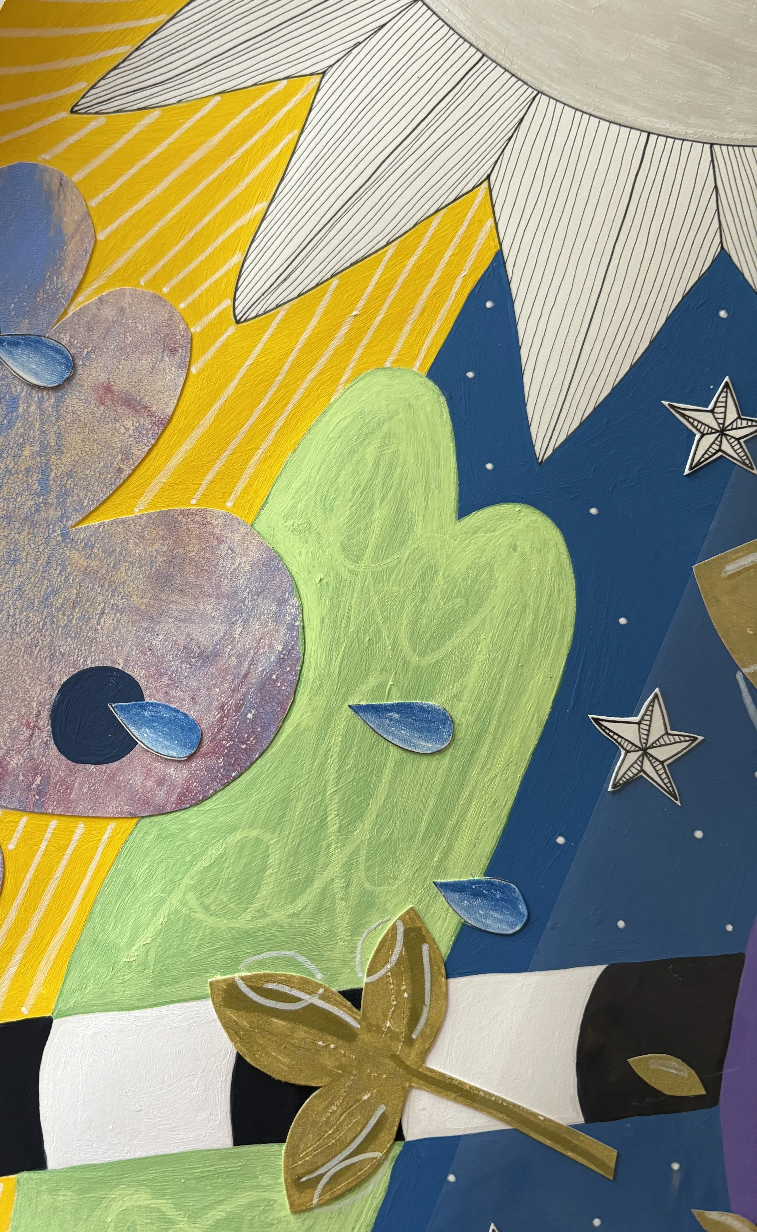Close-up detail of Tears To Gold, original mixed media abstract artwork on A3 paper, featuring gold plant motifs, teardrops, pen drawings, colourful sections and collage.