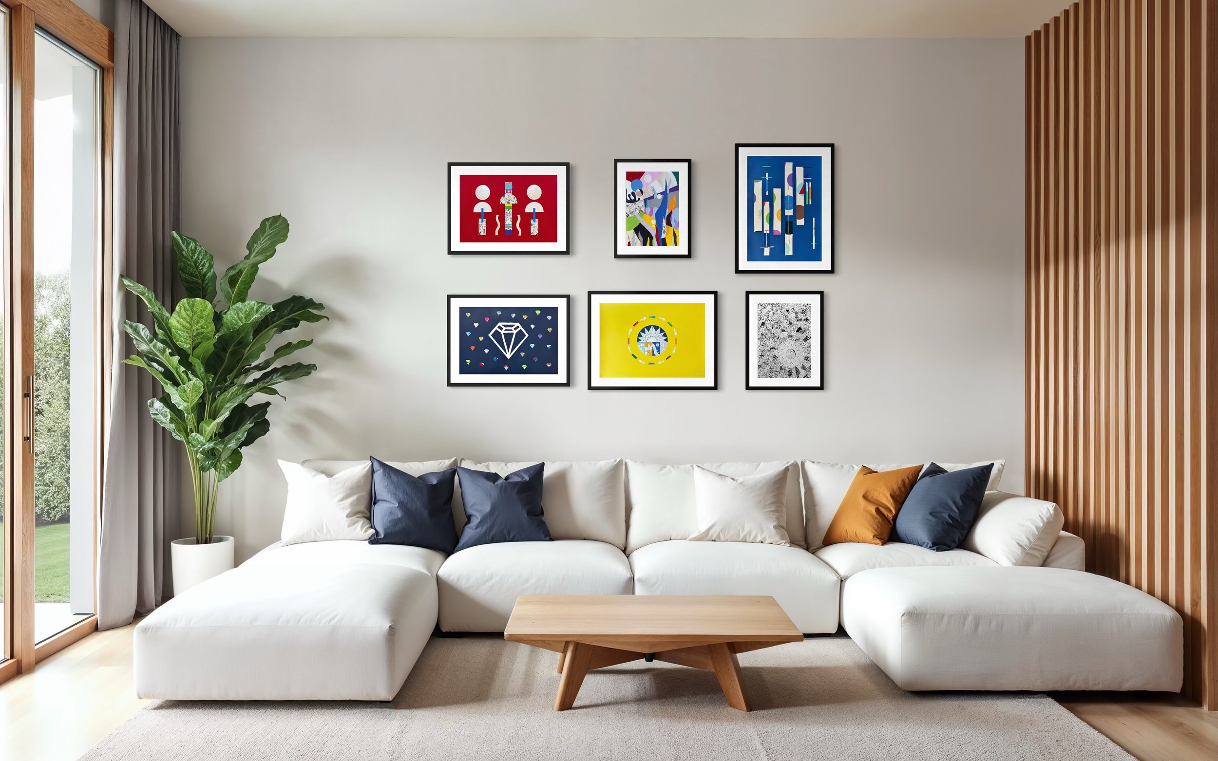 Mockup of six framed artworks arranged on a living room wall, Available Works page