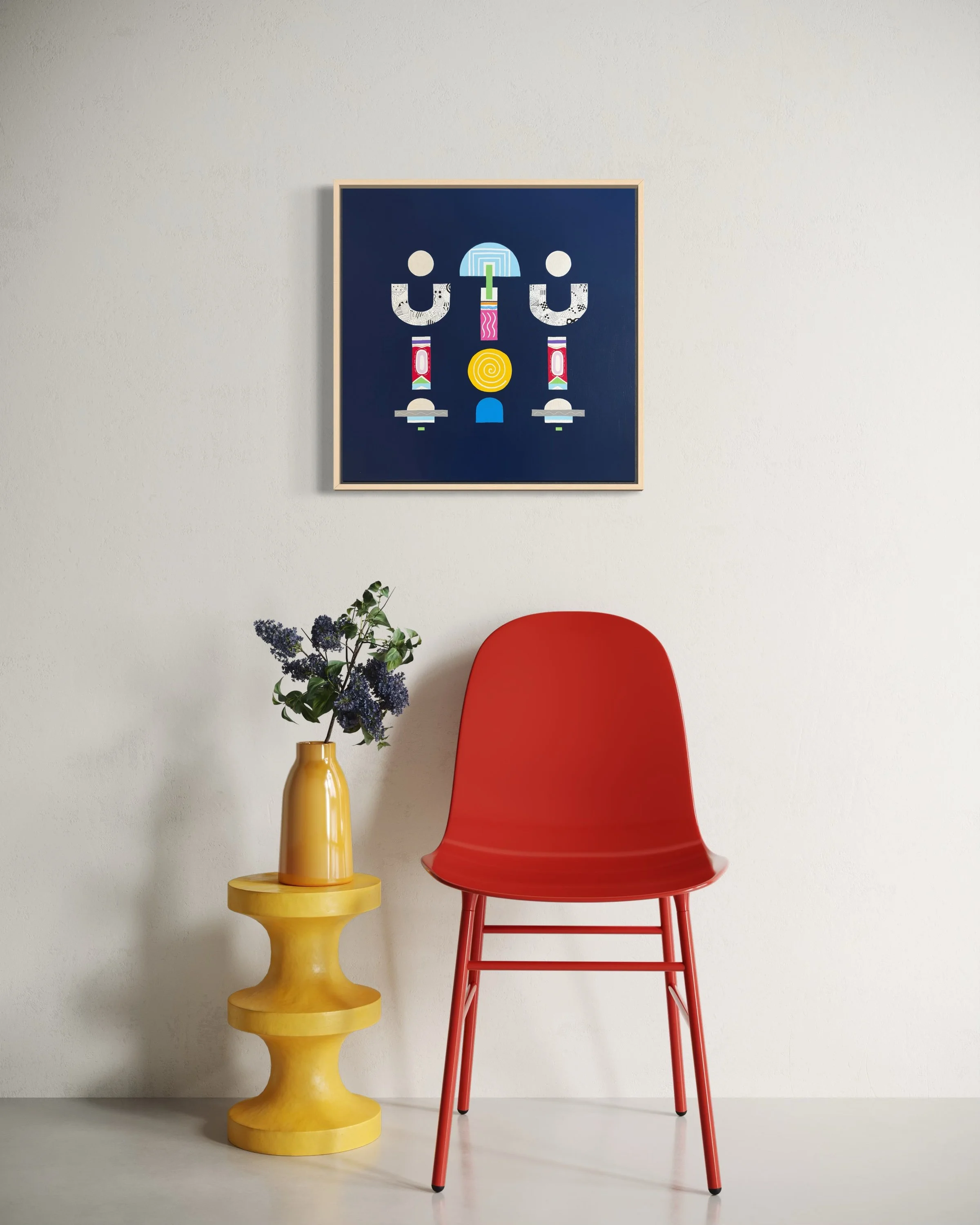 Upward Turn, original abstract artwork on canvas, geometric forms on a blue background, displayed above a red chair.
