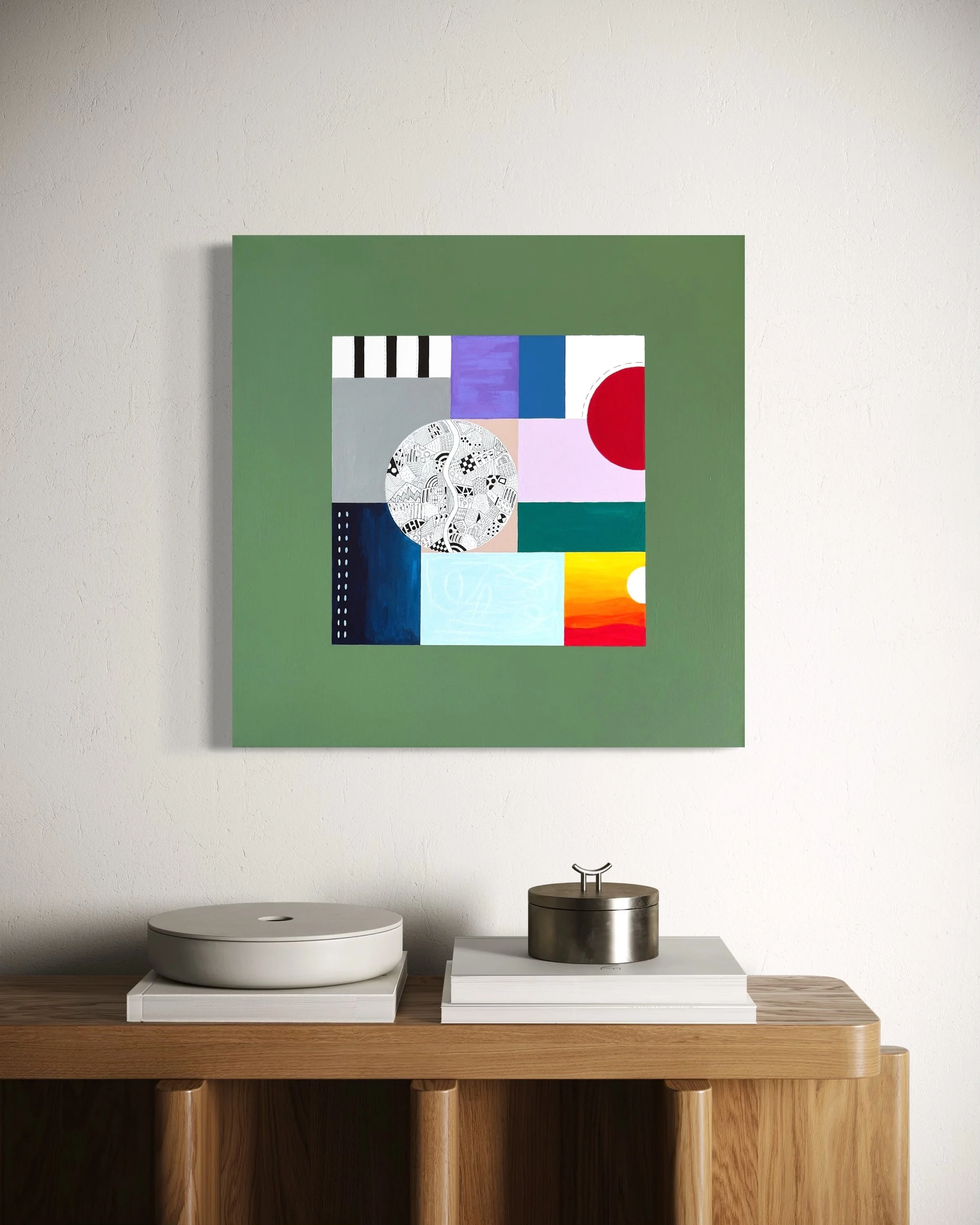 Tomorrow, original mixed media abstract artwork displayed in a modern interior, exploring uncertainty, change and hope through colour and structure.