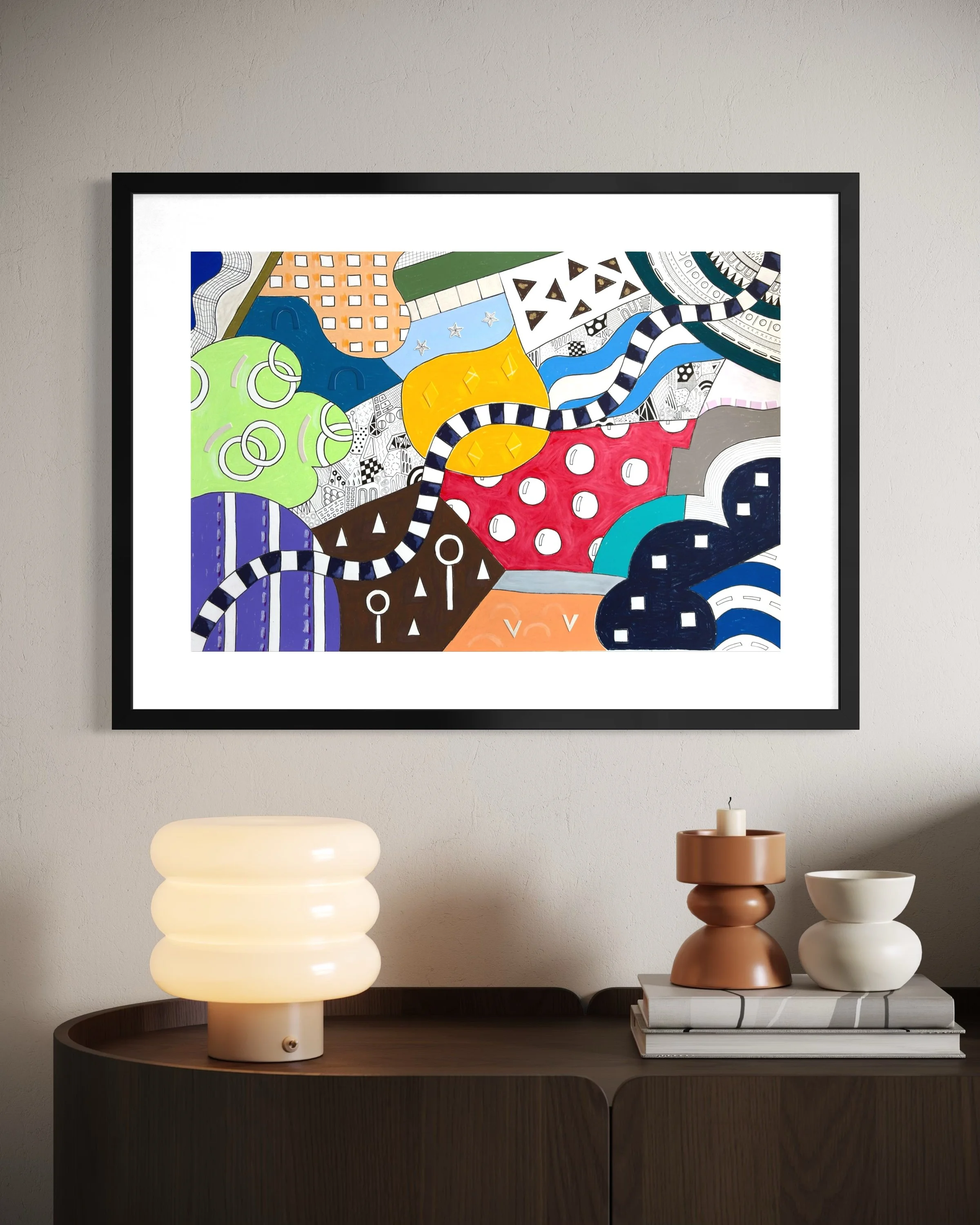 Invented Landscape, original mixed media on A2 paper with blocks of colour, collage, pattern, and hand-drawn marks, styled in a modern interior.