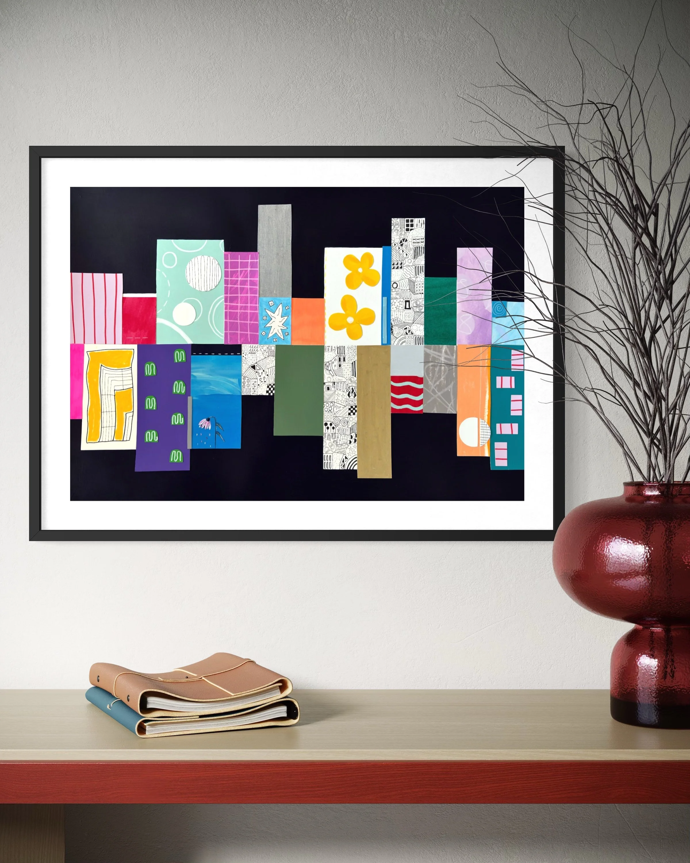 Highs And Lows, original mixed-media abstract artwork featuring colourful sections, expressive marks, geometric forms and contrasting elements, displayed framed in a modern interior.