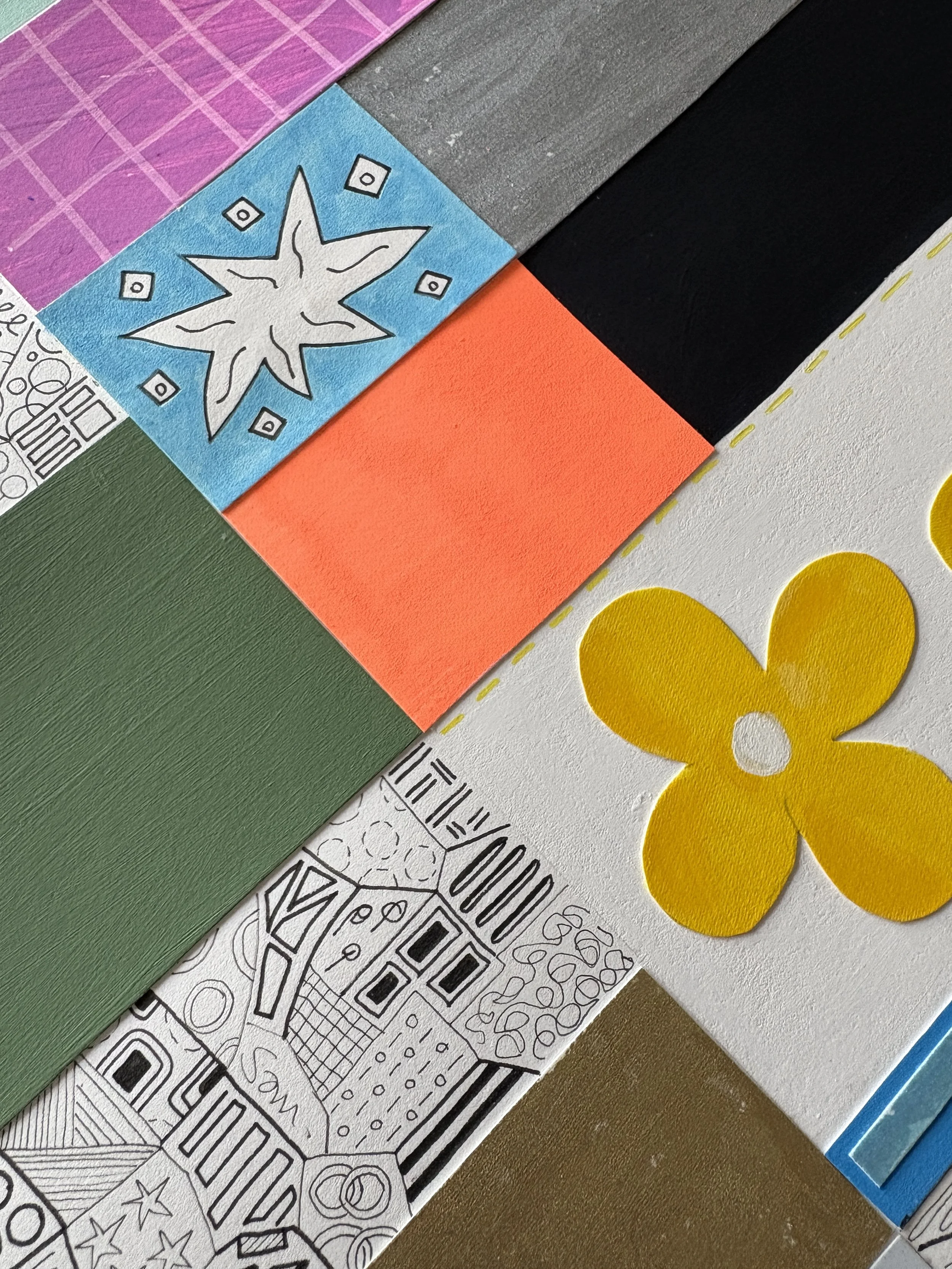 Close-up detail of Highs And Lows, original mixed-media abstract artwork featuring colourful sections, expressive marks, geometric forms and contrasting elements.