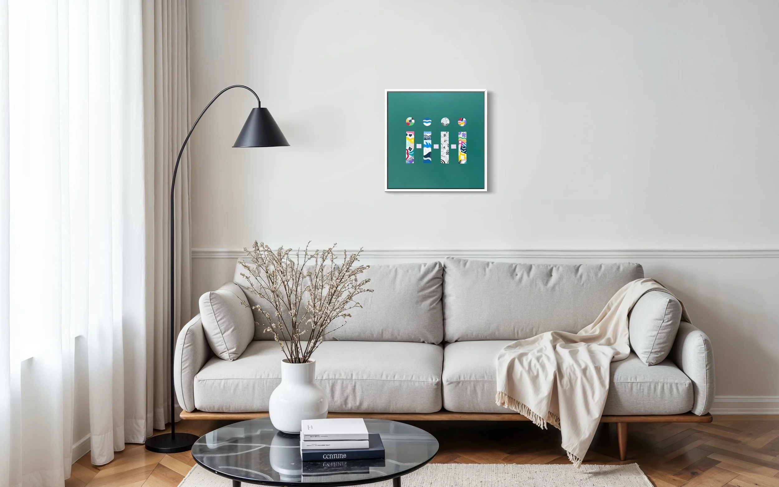 Being There, original mixed media abstract on canvas with a green background, displayed framed above a sofa in a modern living room.