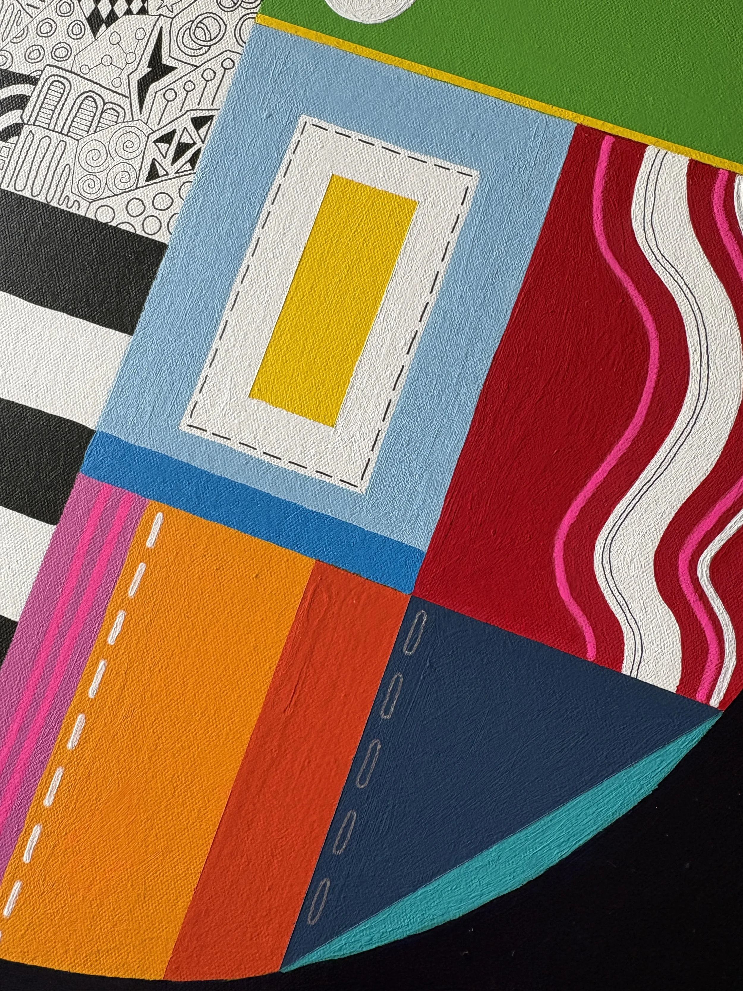 Close-up detail of In a Roundabout Way, original mixed media abstract artwork featuring contrasting sections of colour, pattern, doodled marks and geometric elements.