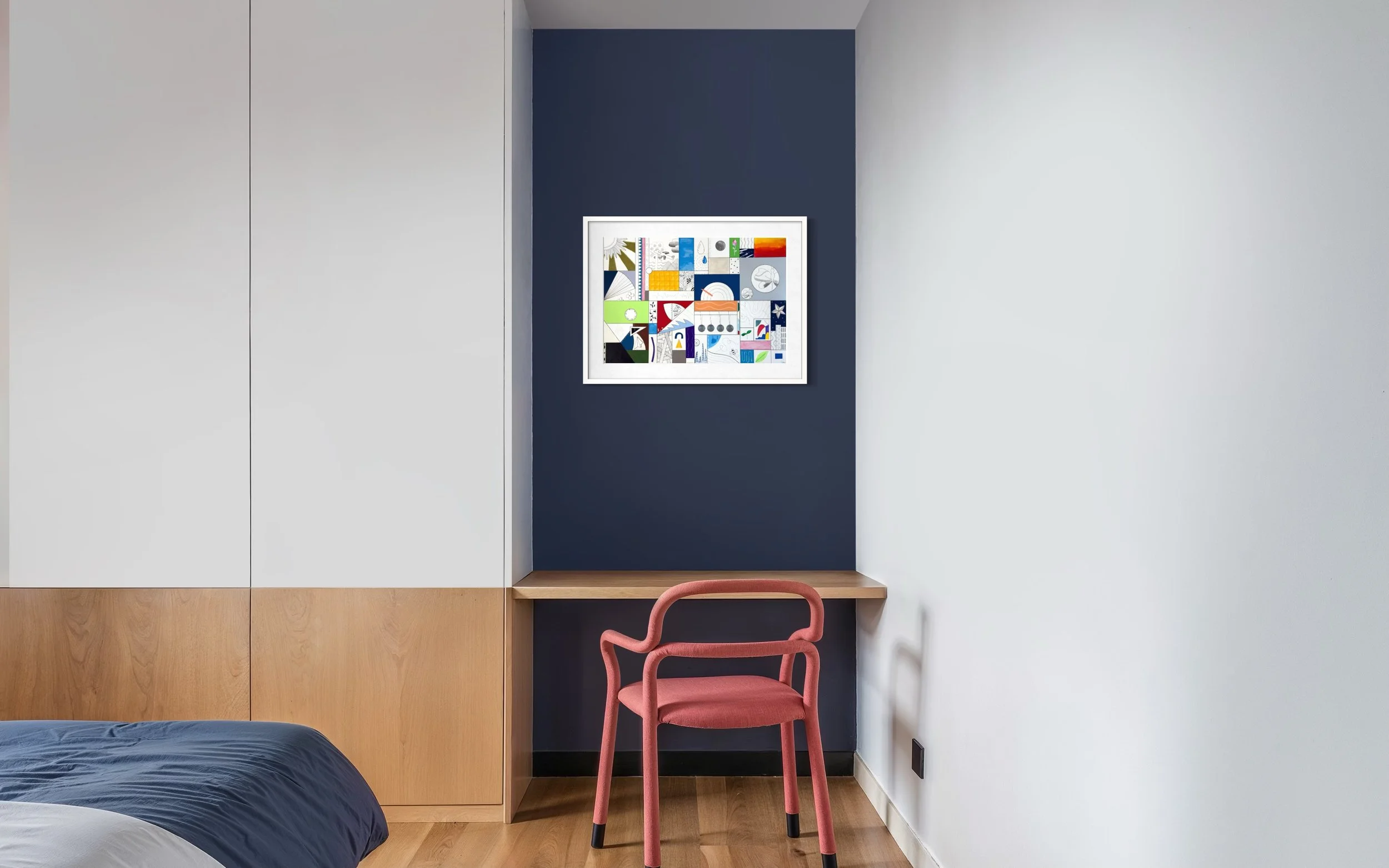 Conditions Within, original mixed media abstract artwork on A2 paper featuring black ink borders, colour, pen drawings and symbolic motifs, displayed framed in a modern interior.