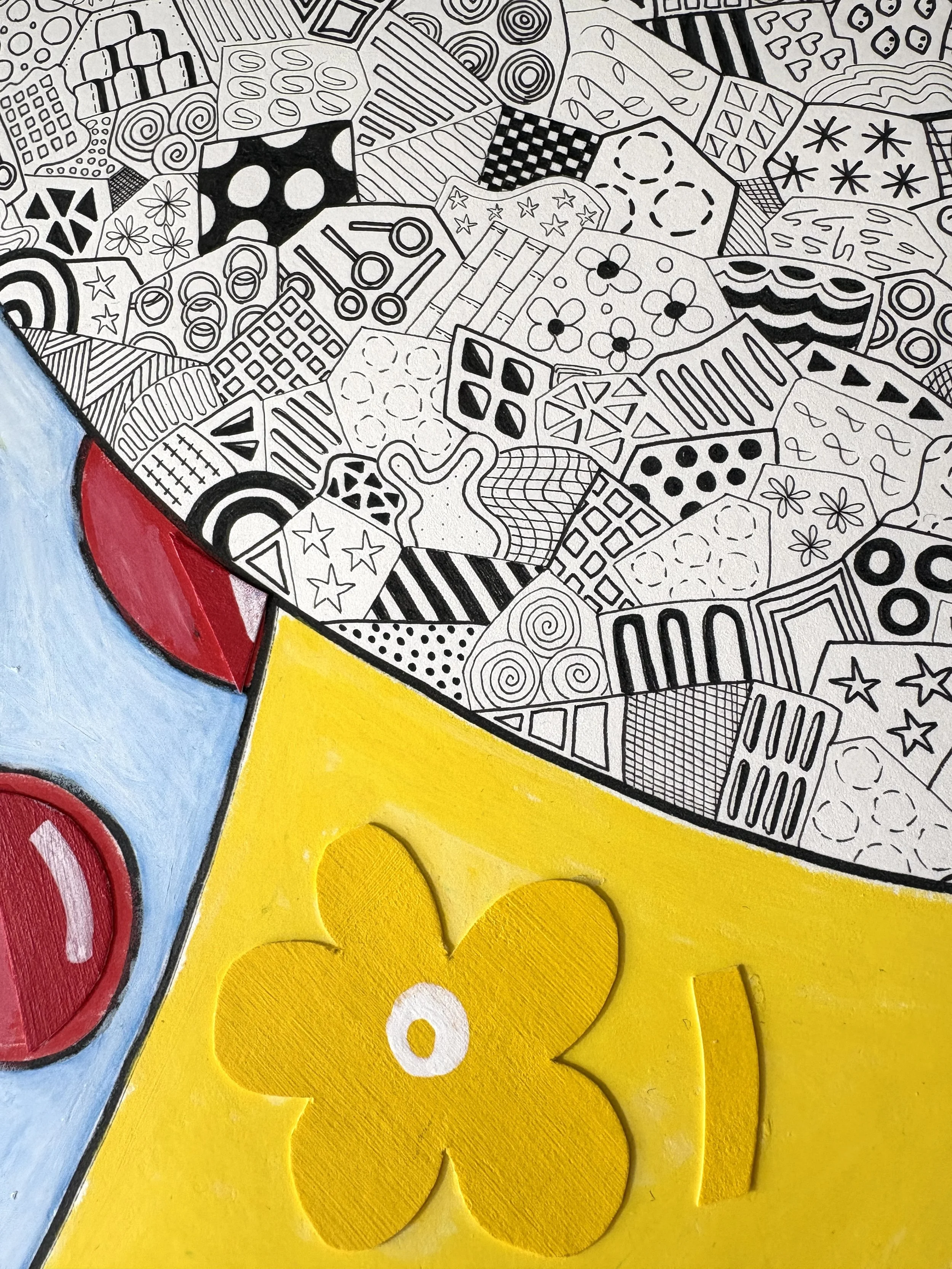 Close-up detail of Now, Where Was I?, original mixed-media abstract artwork featuring contrasting sections of colour, intricate pen marks, organic forms, patterns and geometric elements.