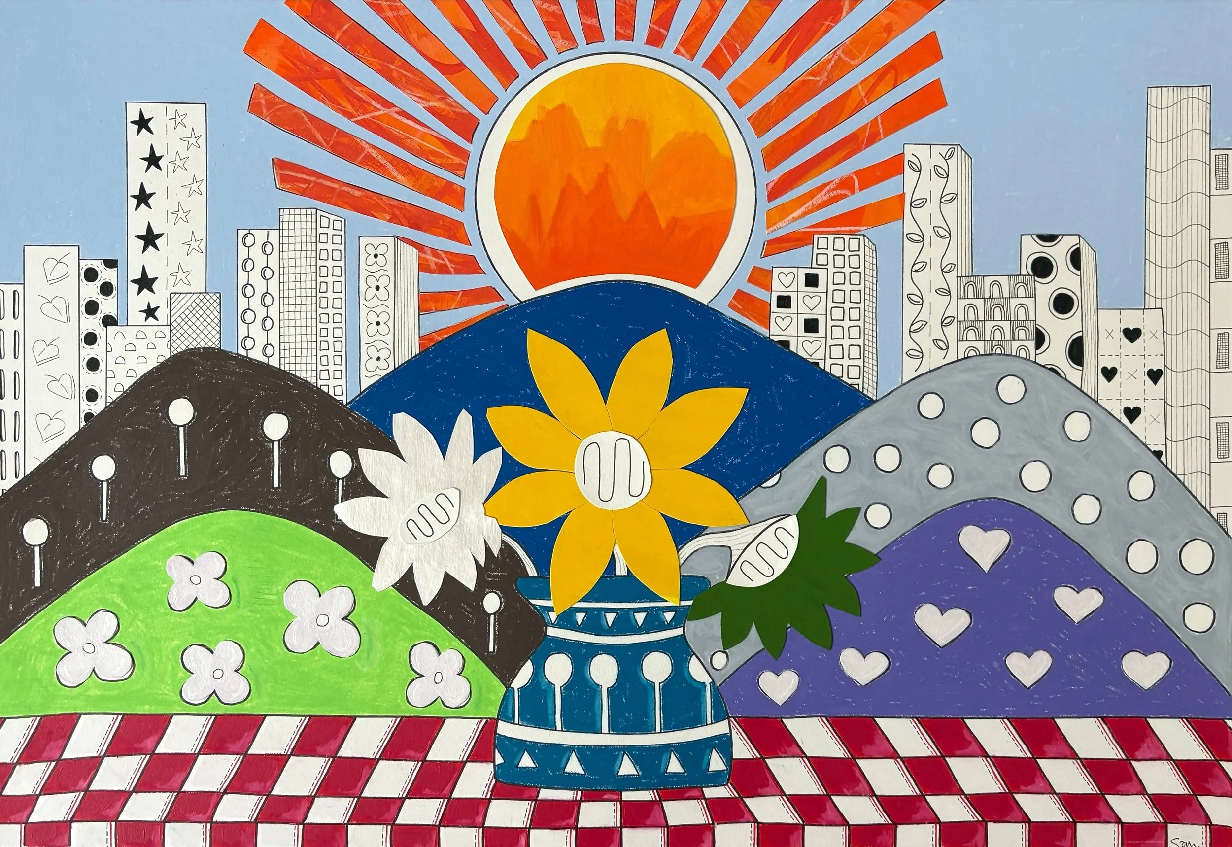 Still Life In Sunlight by Sam Jackson, pen, oil pastel, acrylic paint, and original collage on paper. 