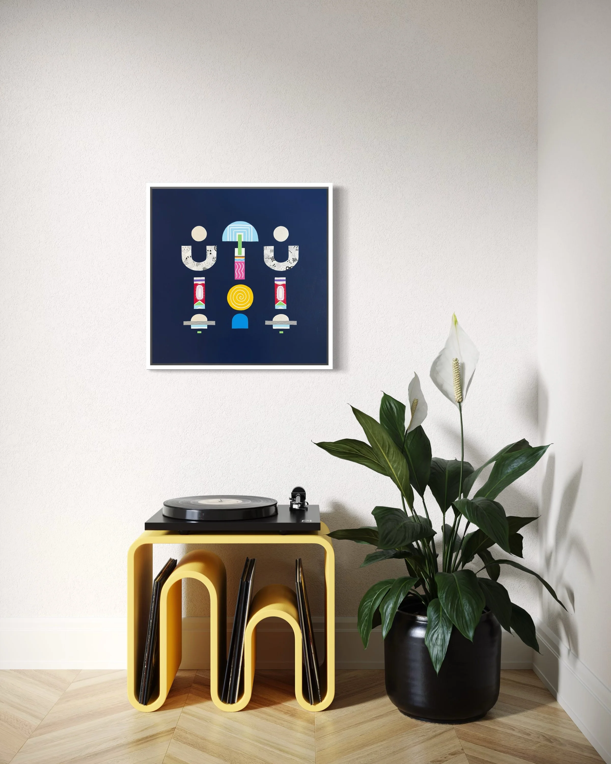 Upward Turn, original abstract artwork on canvas, geometric forms on a blue background, displayed above a modern yellow table next to a plant.