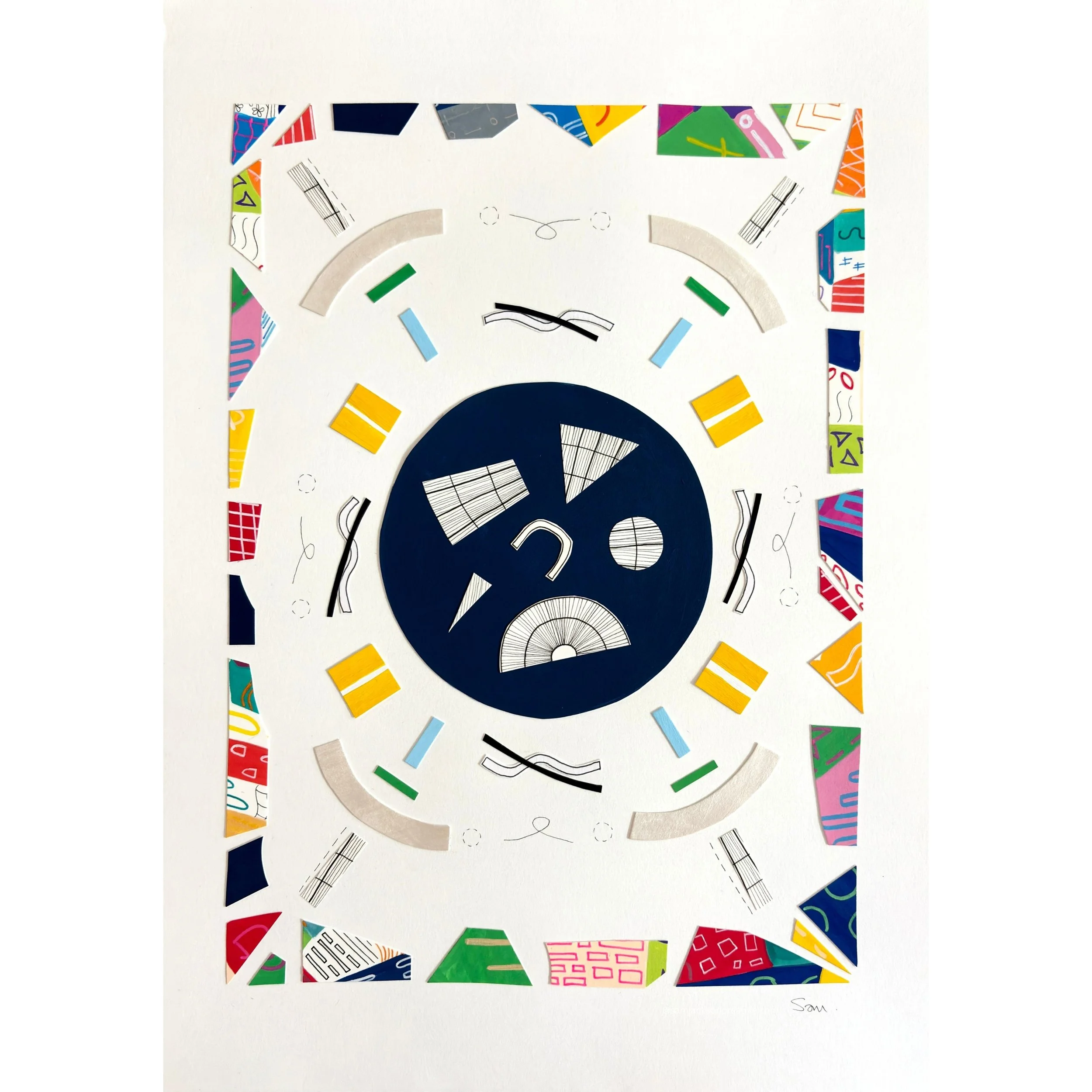 A Measured Arrangement, A3 abstract mixed media collage with central pen drawings and painted fragments, framed by a border reworked from a grid based A3 structure in acrylic marker and gel pen.