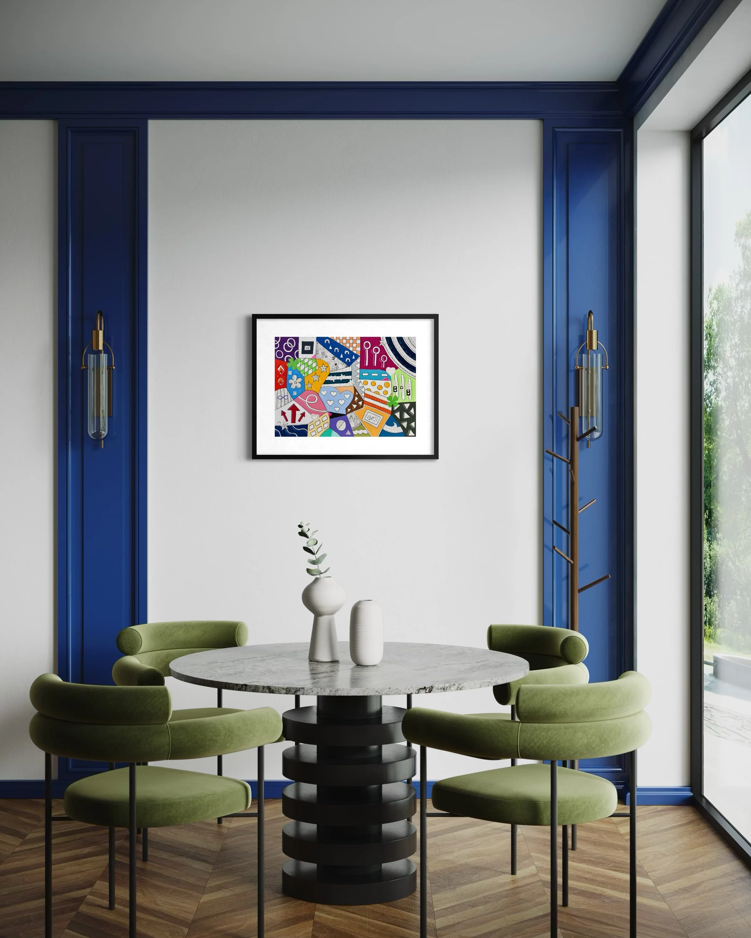 A2 mixed media artwork titled Devotion and Chance, colourful abstract composition displayed framed in a modern dining room.
