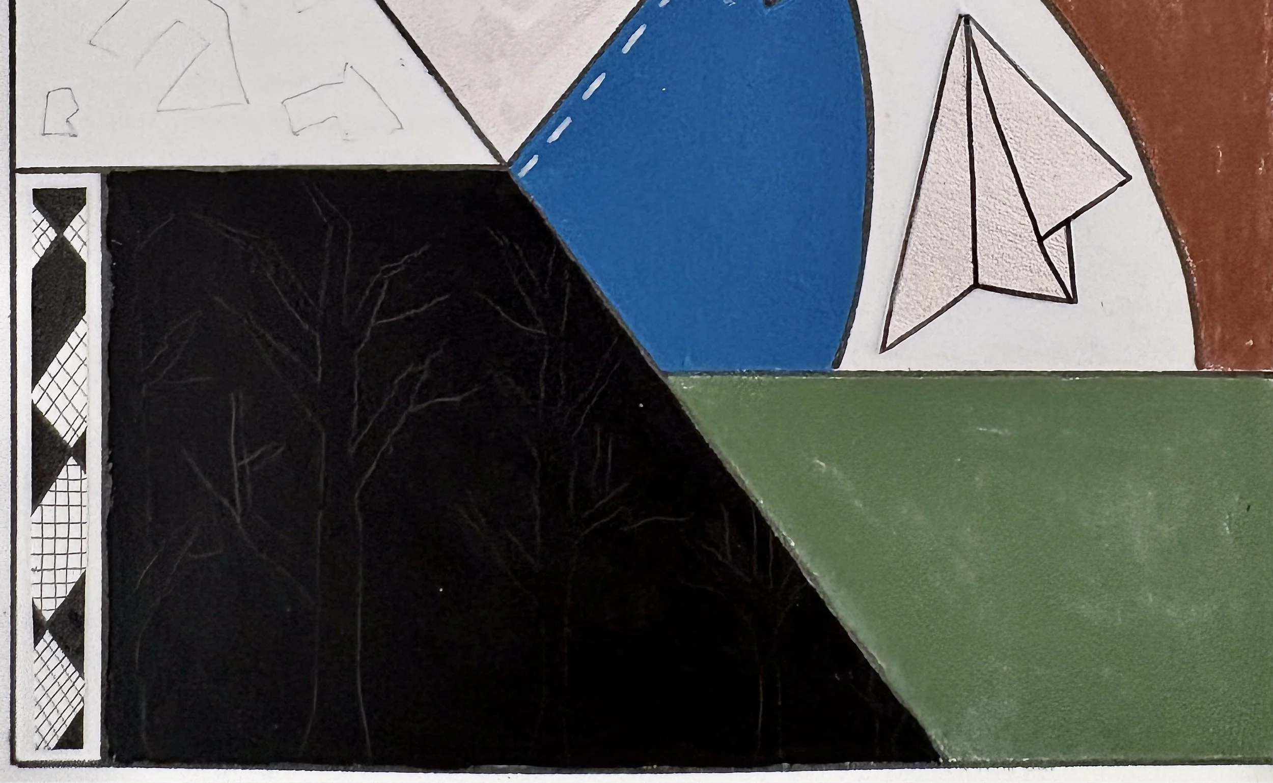 Close-up detail of Conditions Within, original mixed media abstract artwork on A2 paper, featuring black ink borders, colourful sections, pen drawings and symbolic motifs within the composition.