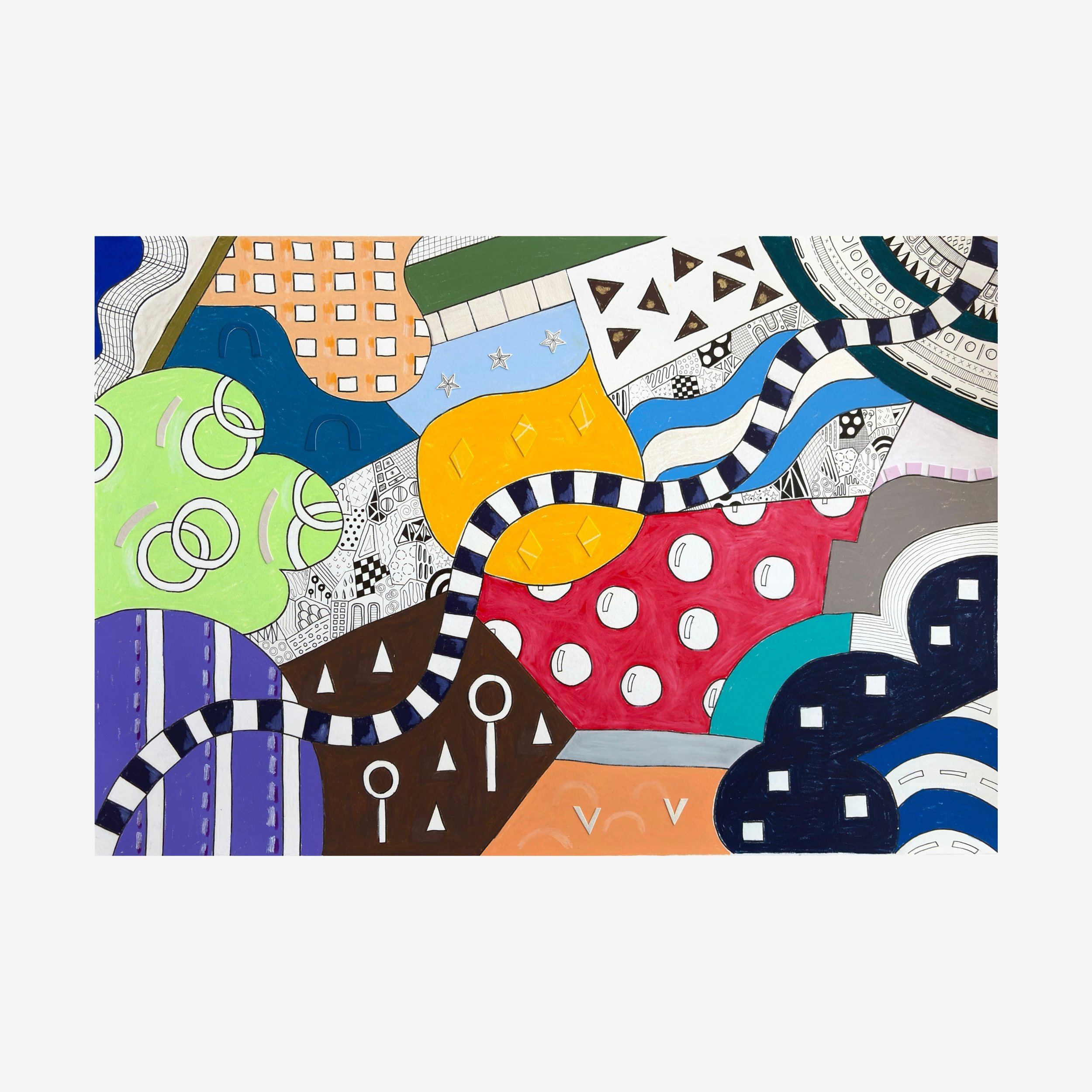 Invented Landscape, original mixed media artwork on A2 paper featuring blocks of colour, collage elements, and hand-drawn marks arranged in a structured, layered composition.