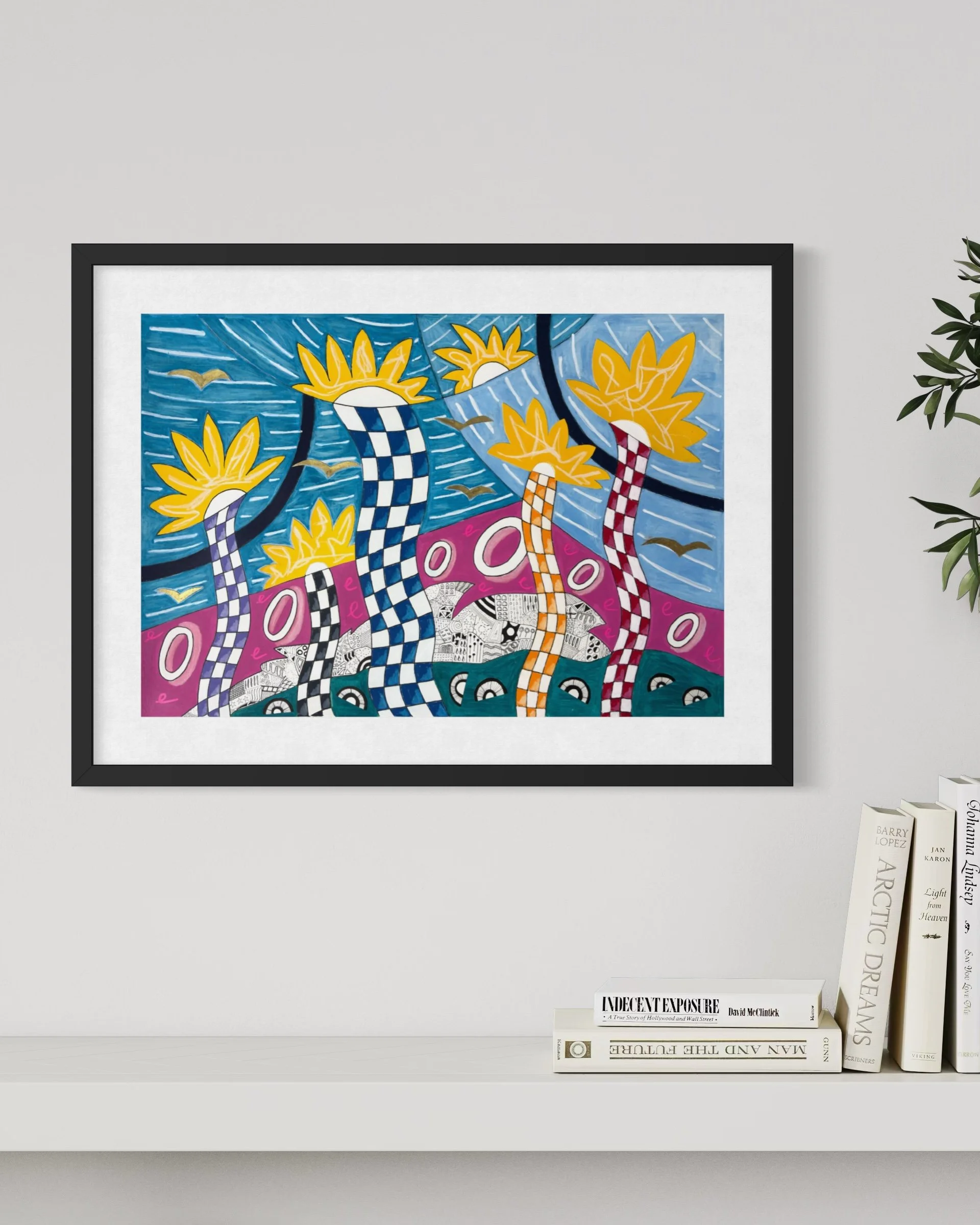 Dancing In The Car Yard, original mixed media artwork featuring colourful air dancer forms, bold patterns, expressive doodles, birds and cars, displayed framed in a modern interior.