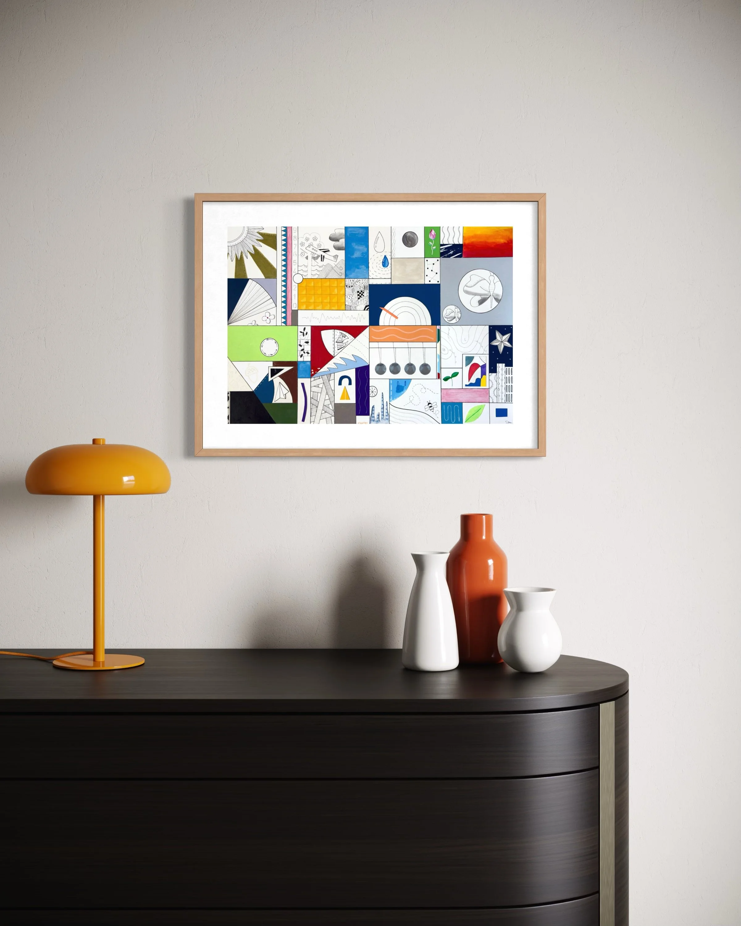 Conditions Within, original mixed media abstract artwork on A2 paper featuring black ink borders, colour, pen drawings and symbolic motifs, displayed framed in a modern interior.