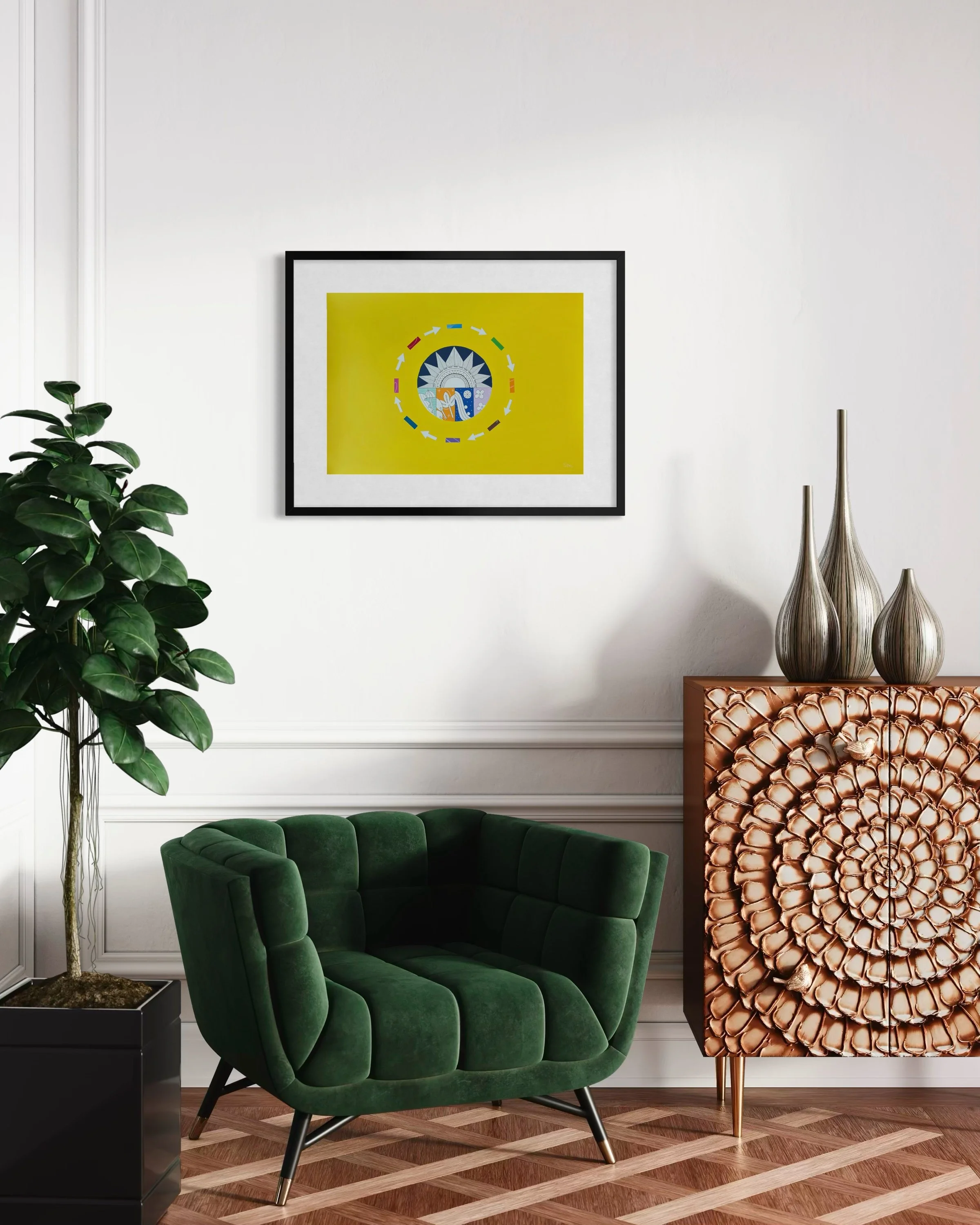 A Most Colourful Year Around the Sun, original mixed media on A2 paper with a yellow background featuring a sun, seasonal panels, and arrows, framed and displayed in a modern living room.