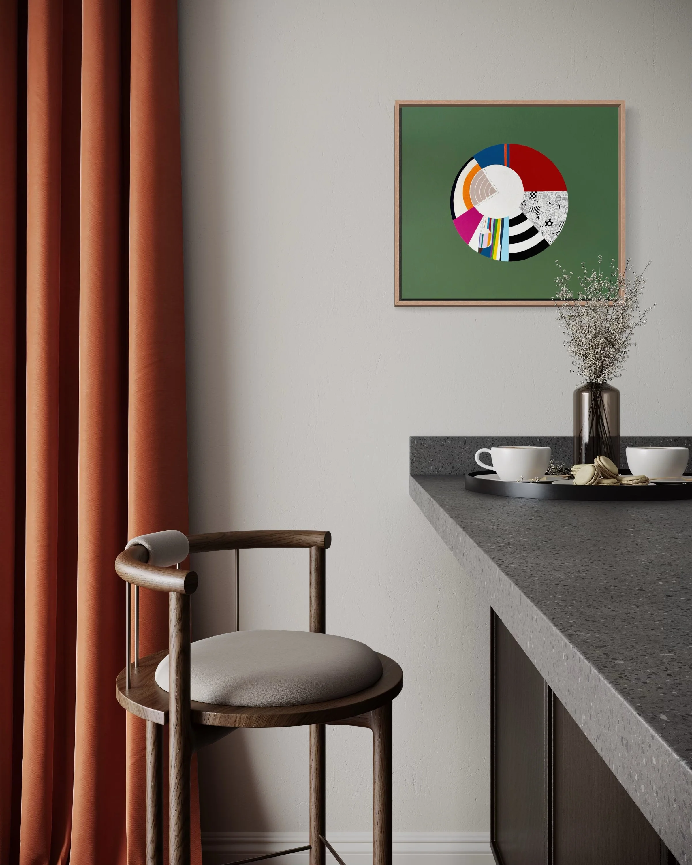 Off Centre, original abstract artwork on canvas with a colourful circular composition, radiating sections and an off-centre white circle on a jade green background, styled in a modern interior.
